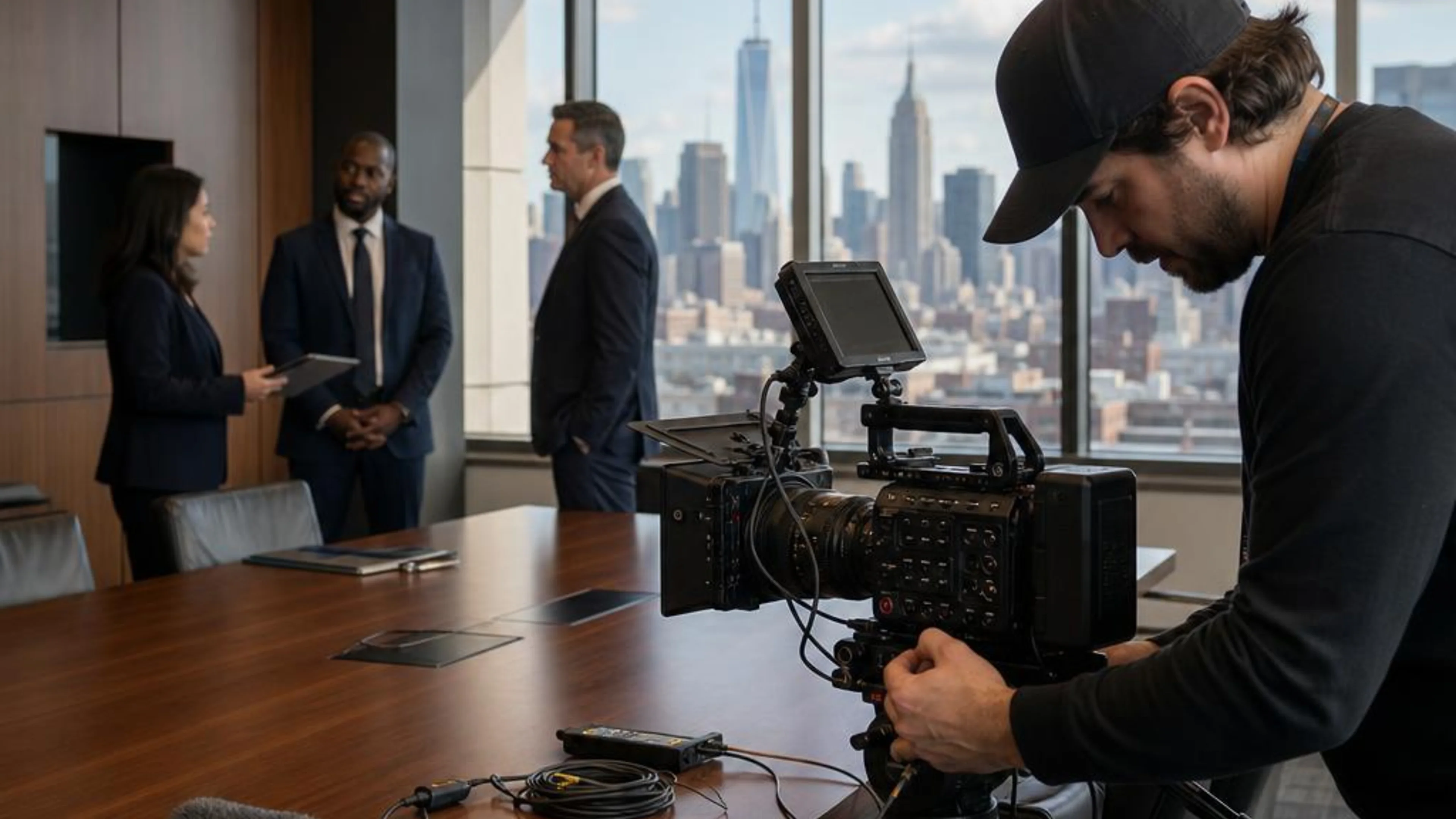 Legal videographer preparing professional camera and audio equipment for a proceeding in New Jersey, with Newark’s legal district beyond the conference room