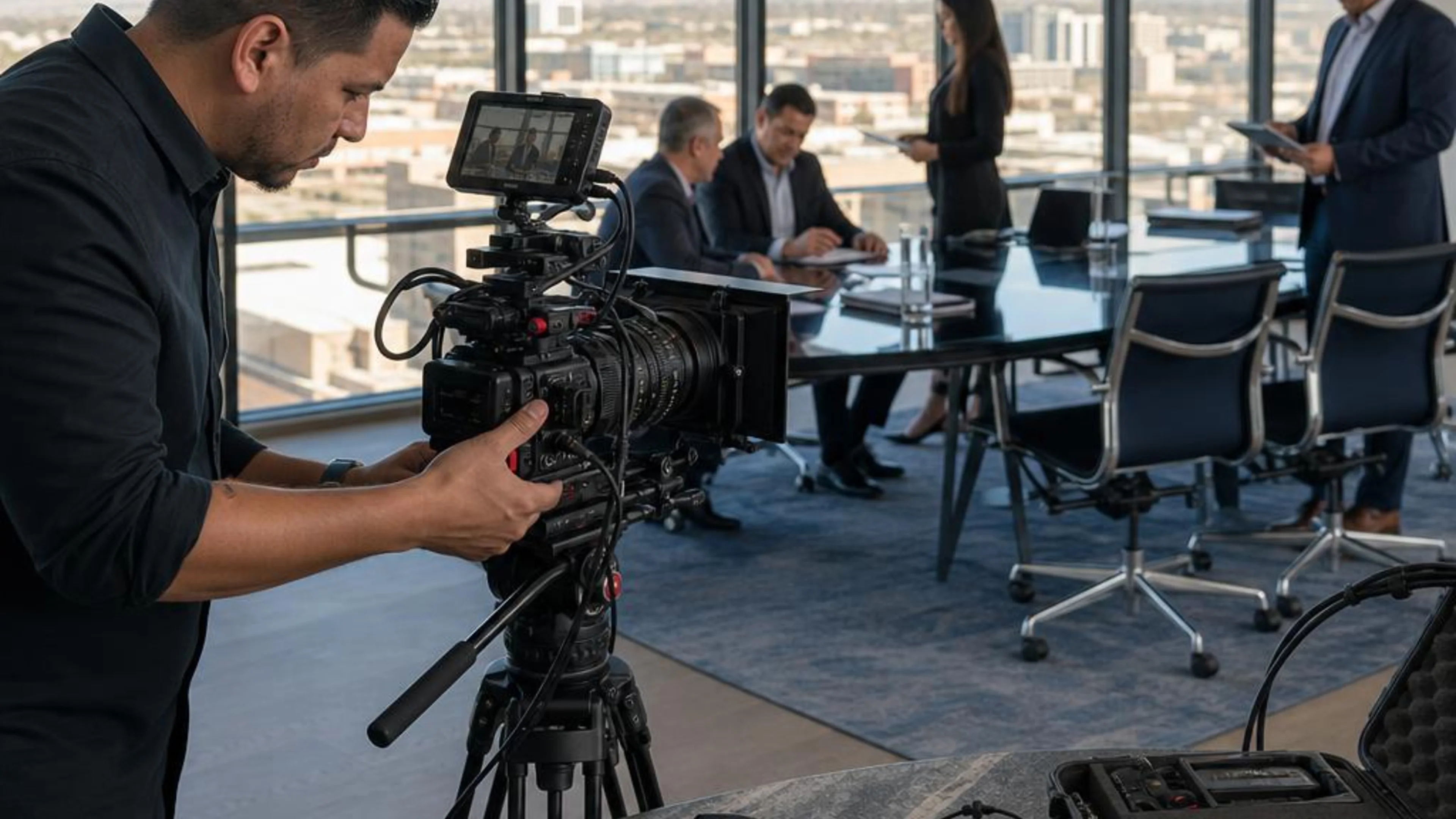 Legal videographer preparing professional camera and audio equipment for a proceeding in New Mexico, with Albuquerque and the Sandia Mountains beyond the conference room
