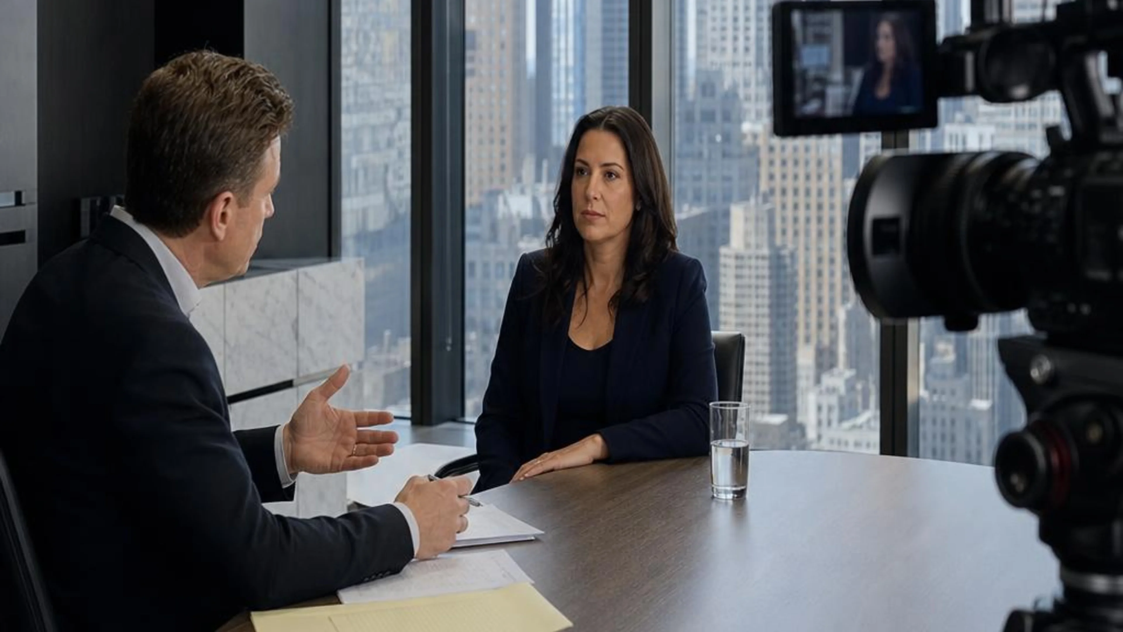 Videotaped deposition in New York with counsel questioning a witness while a professional legal video camera records the testimony