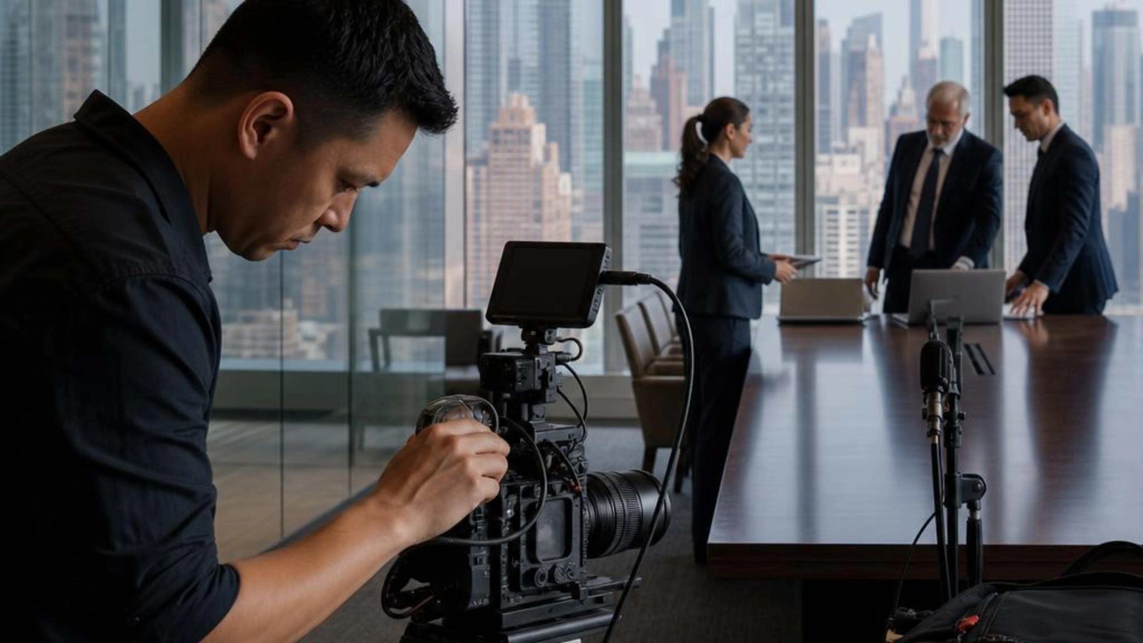 Legal videographer preparing professional camera and audio equipment for a proceeding in New York, with Manhattan’s legal district beyond the conference room