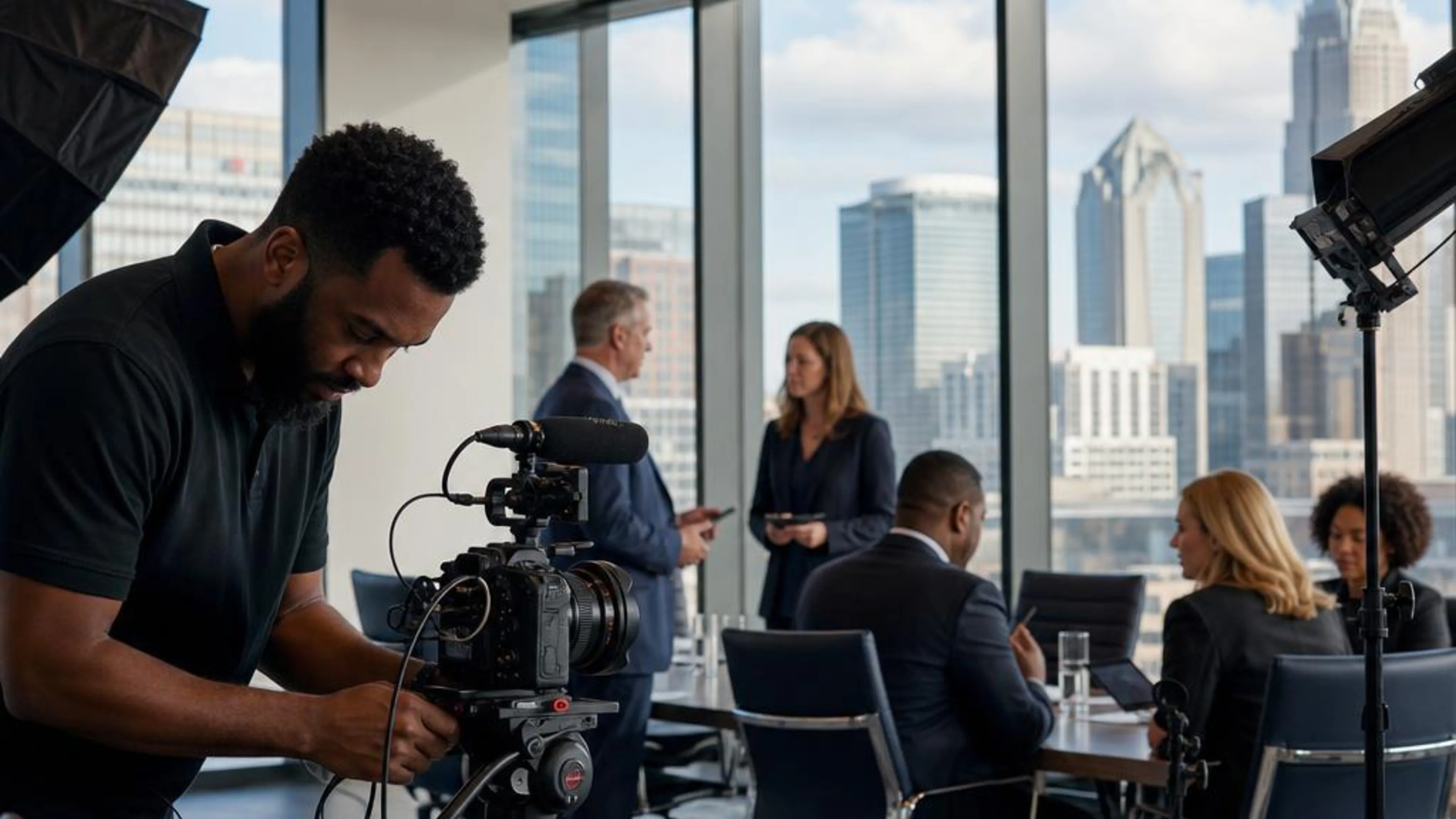 Legal videographer preparing professional camera and audio equipment for a proceeding in North Carolina, with the Charlotte skyline beyond the conference room