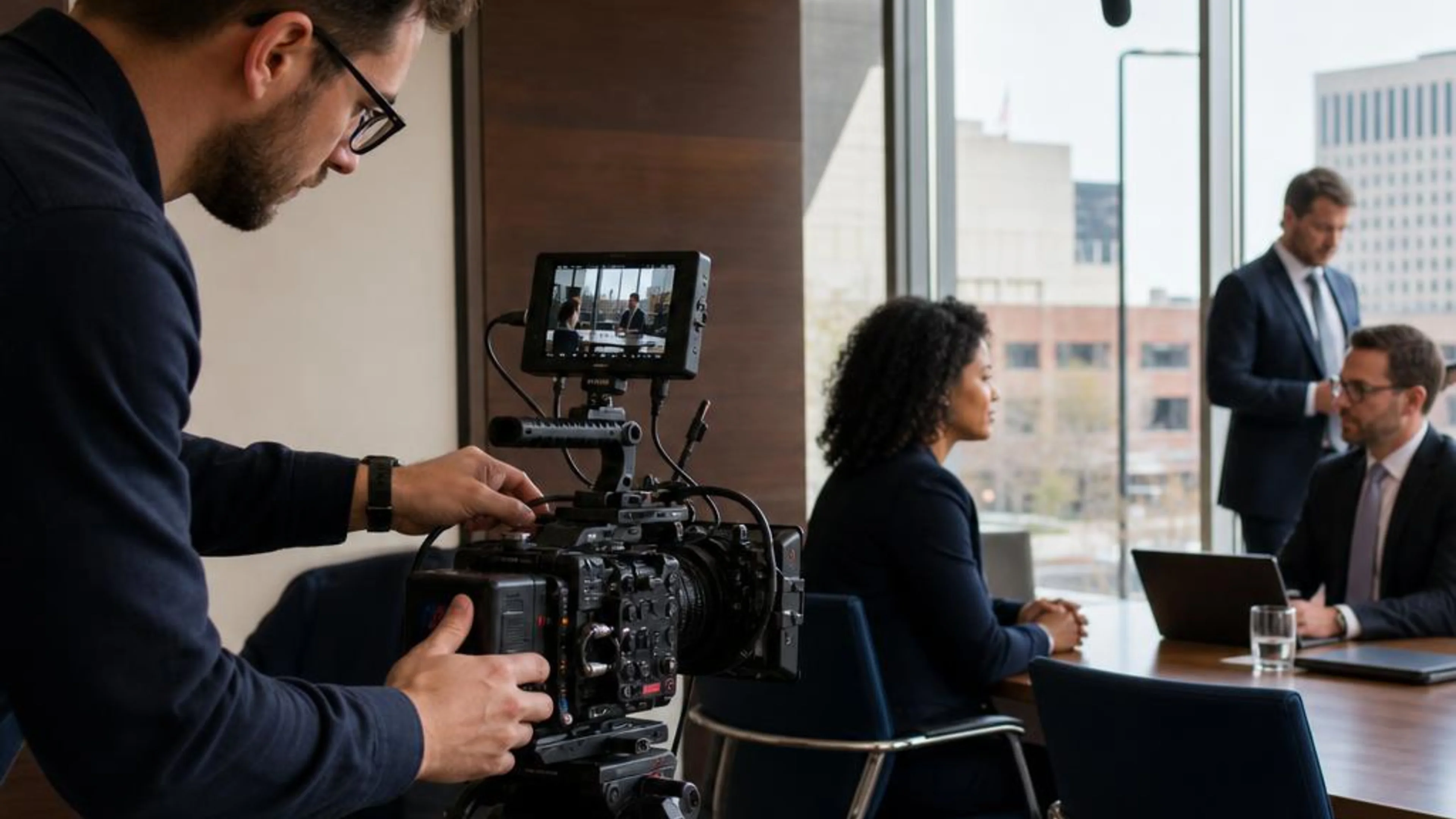 Legal videographer preparing professional camera and audio equipment for a proceeding in North Dakota, with Fargo and the Northern Plains beyond the conference room