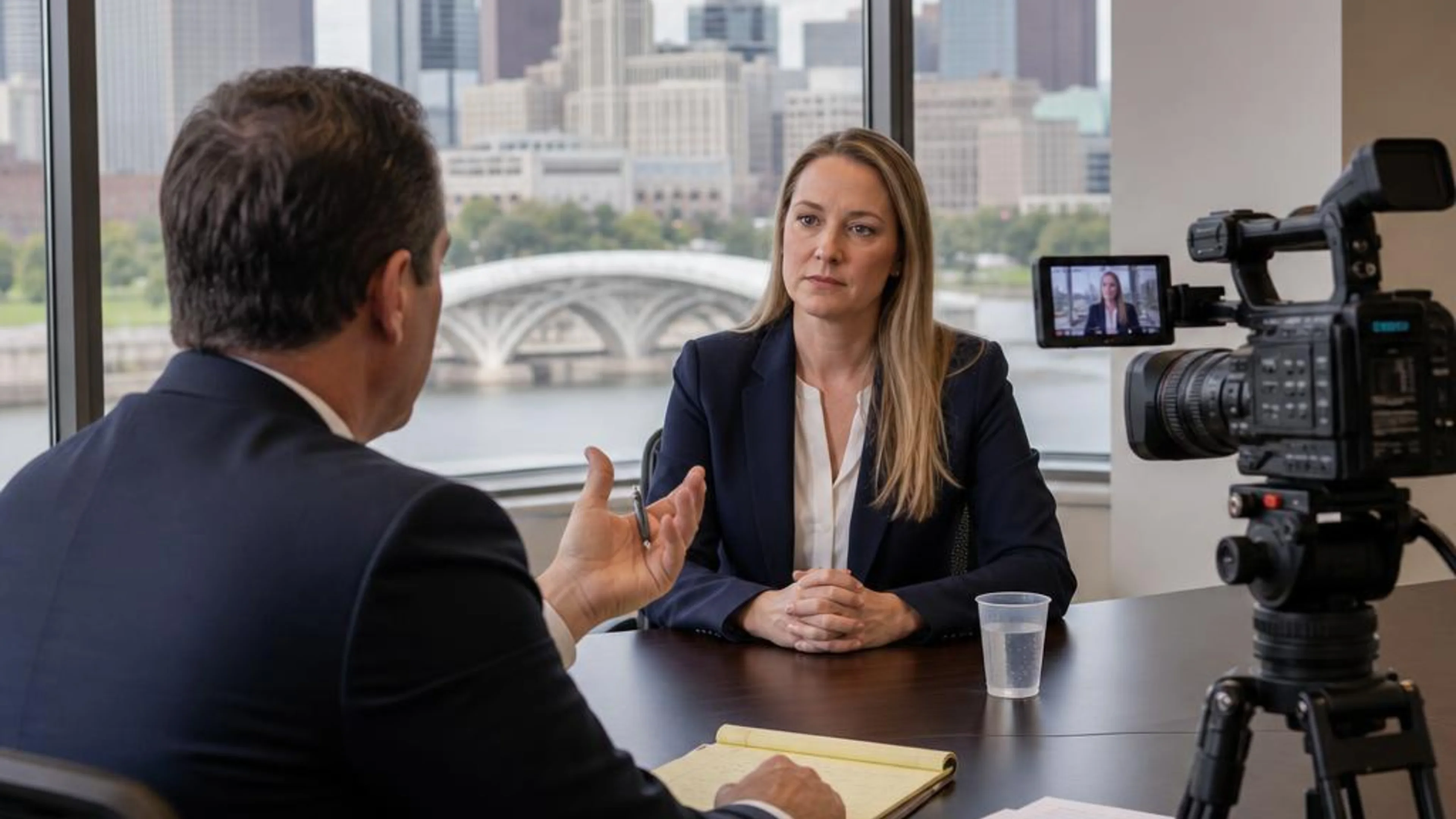 Videotaped deposition in Ohio with counsel questioning a witness while a professional legal video camera records the testimony