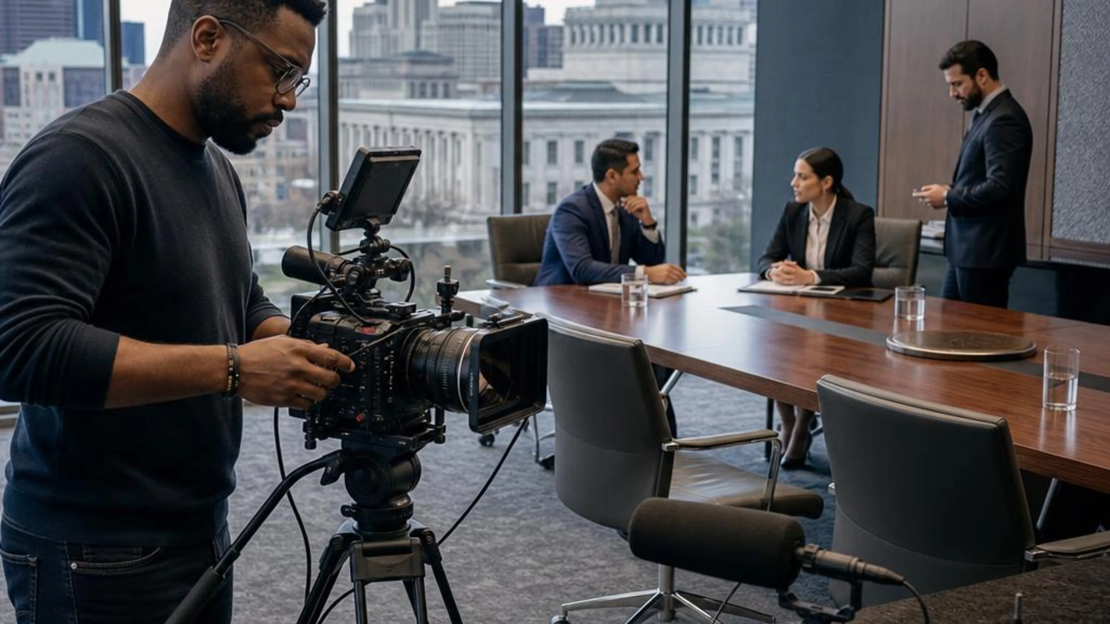 Legal videographer preparing professional camera and audio equipment for a proceeding in Ohio, with the Columbus skyline beyond the conference room