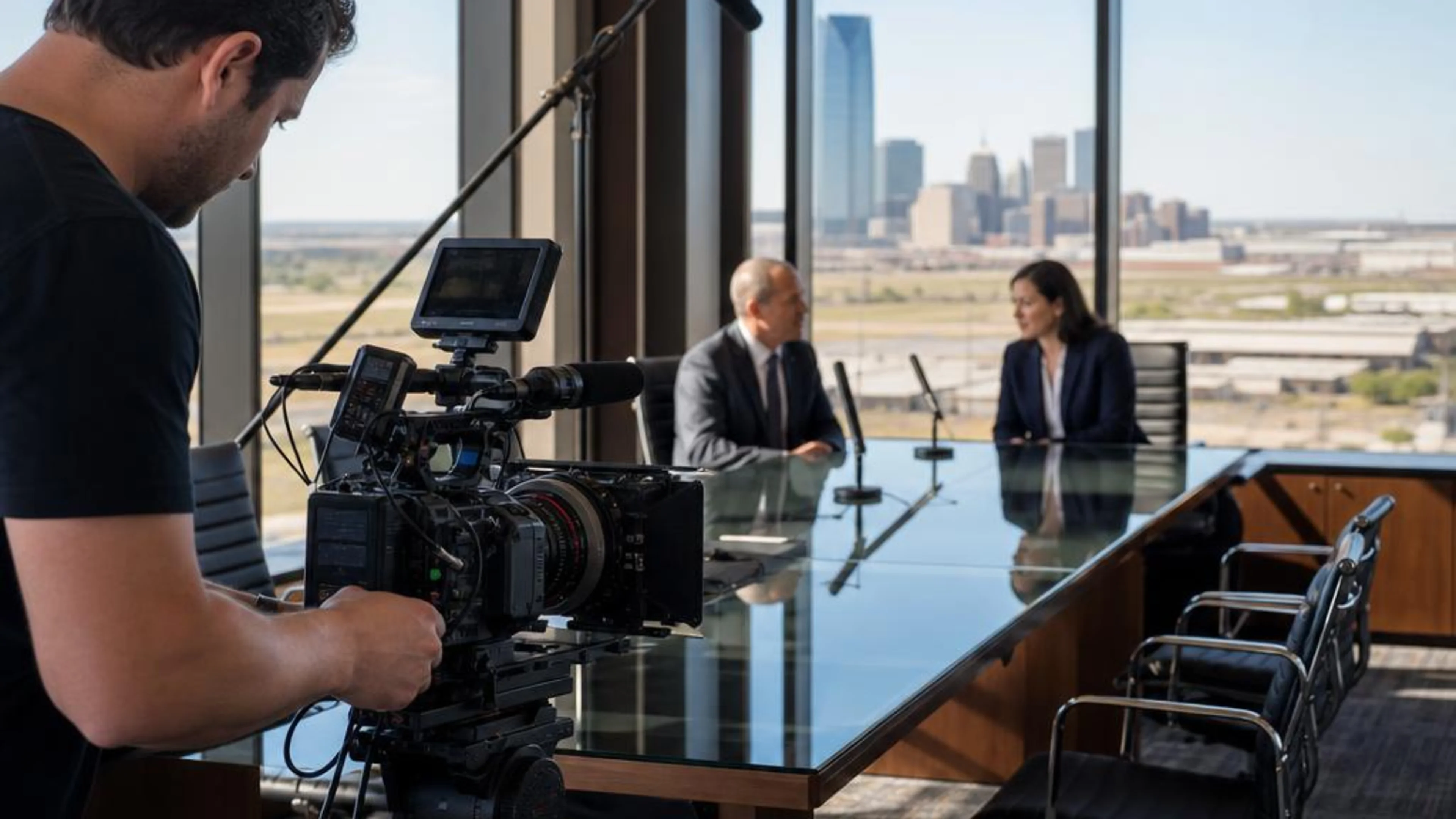 Legal videographer preparing professional camera and audio equipment for a proceeding in Oklahoma, with Oklahoma City and the open plains beyond the conference room