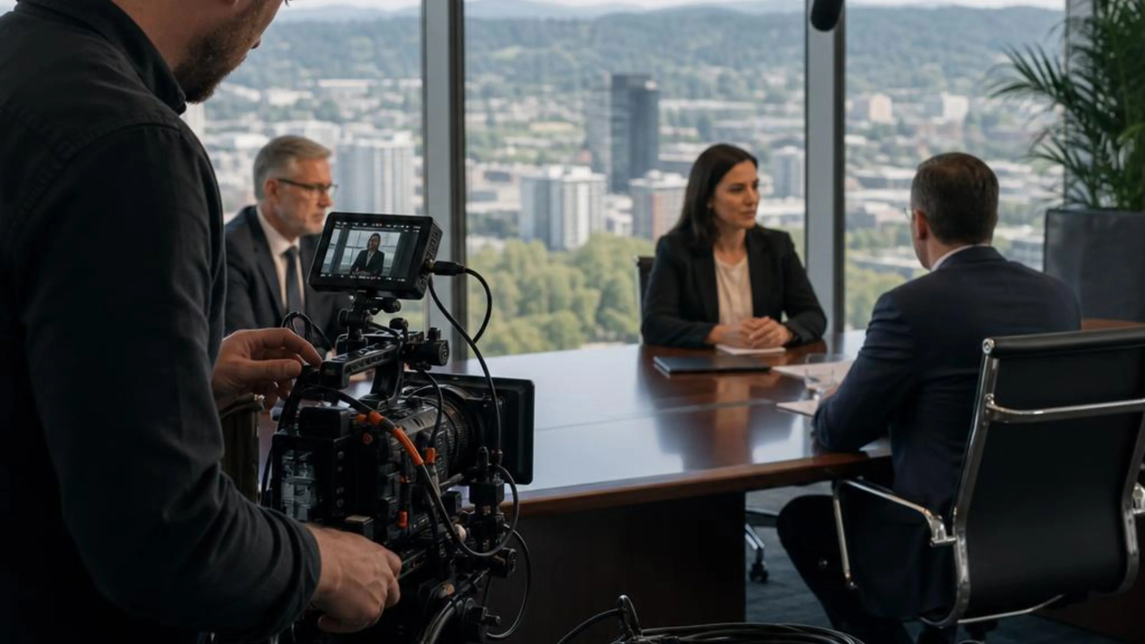 Legal videographer preparing professional camera and audio equipment for a proceeding in Oregon, with Portland and the Pacific Northwest beyond the conference room
