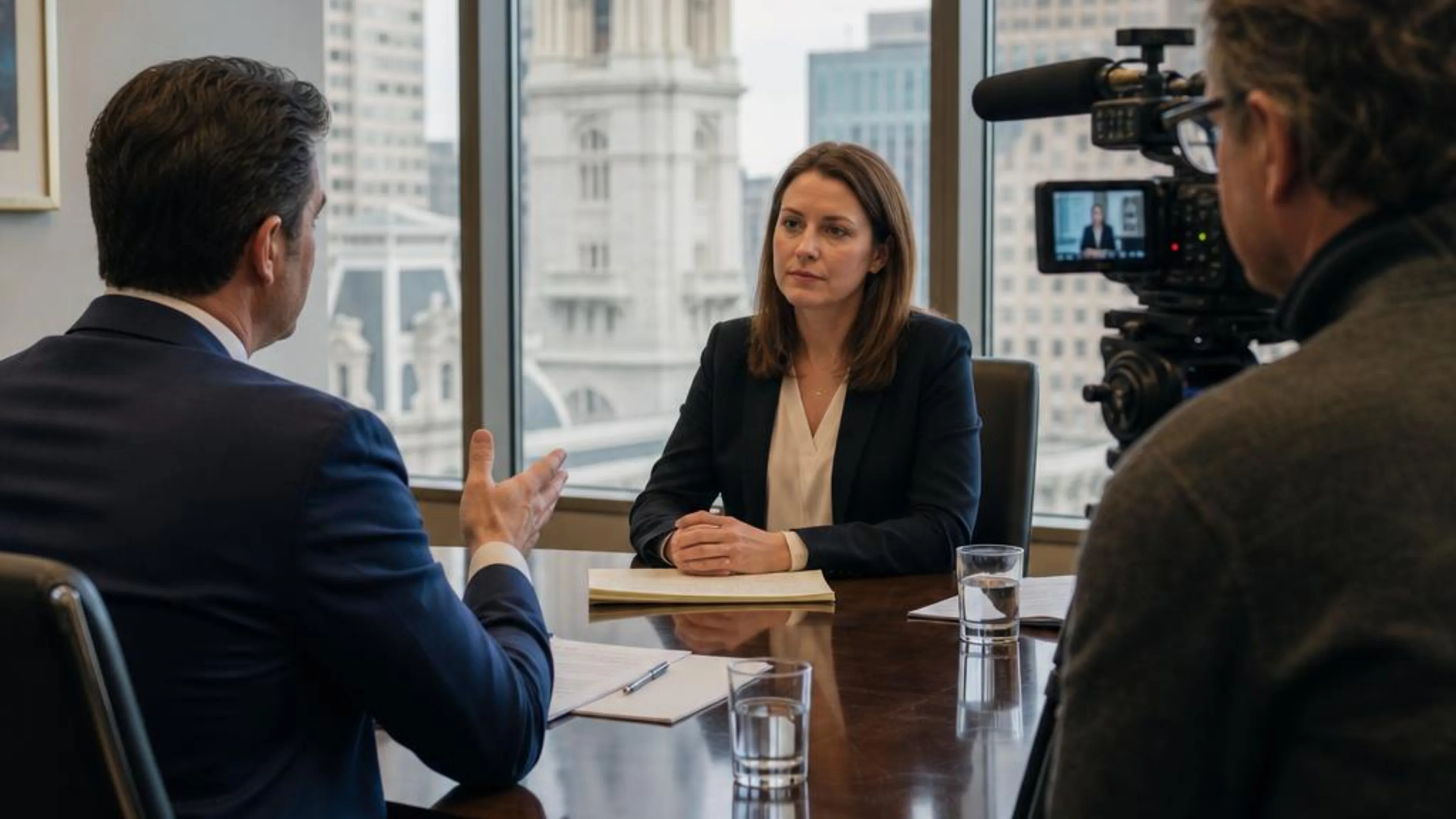Videotaped deposition in Pennsylvania with counsel questioning a witness while a professional legal video camera records the testimony