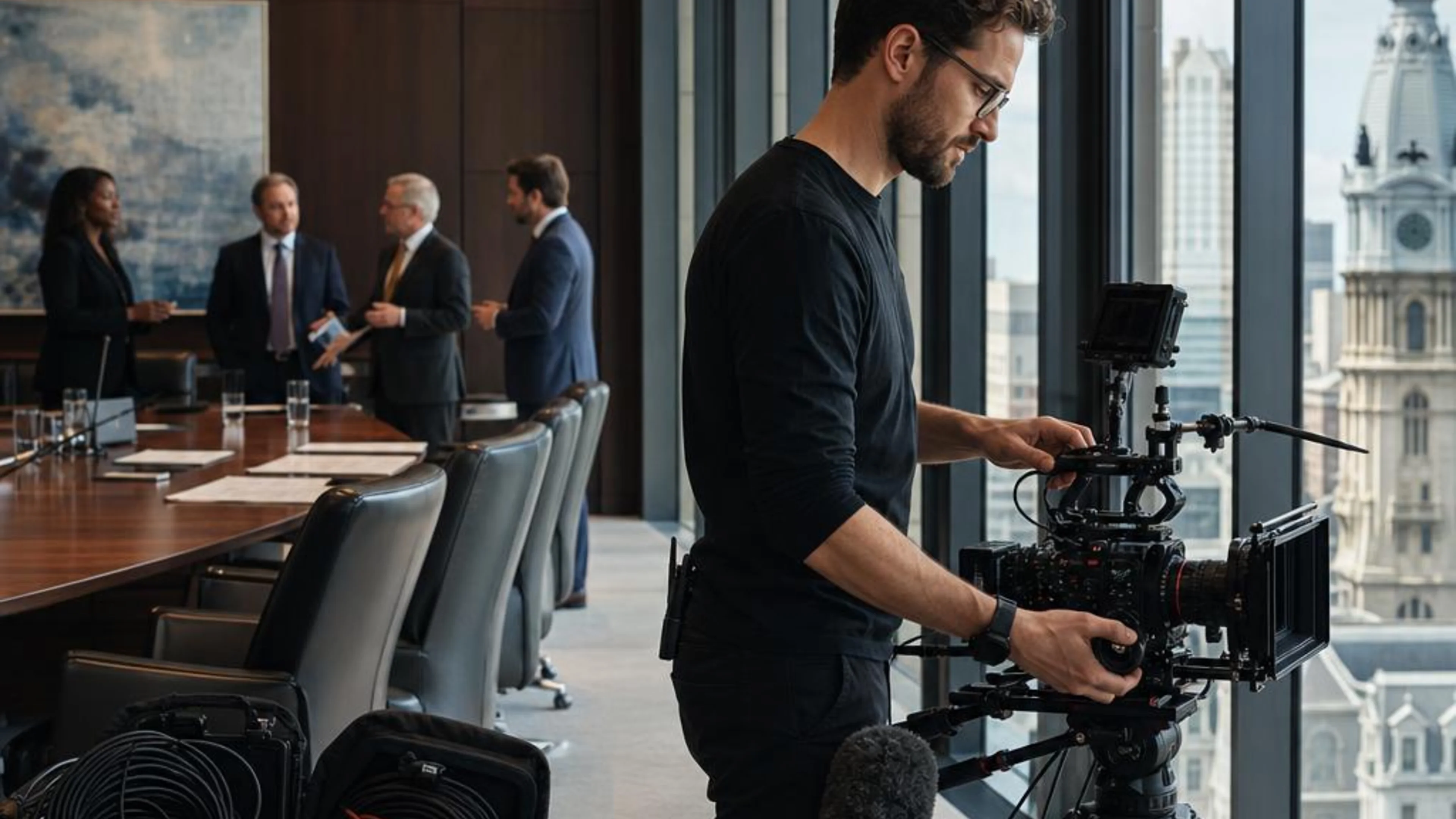 Legal videographer preparing professional camera and audio equipment for a proceeding in Pennsylvania, with Philadelphia’s historic civic district beyond the conference room