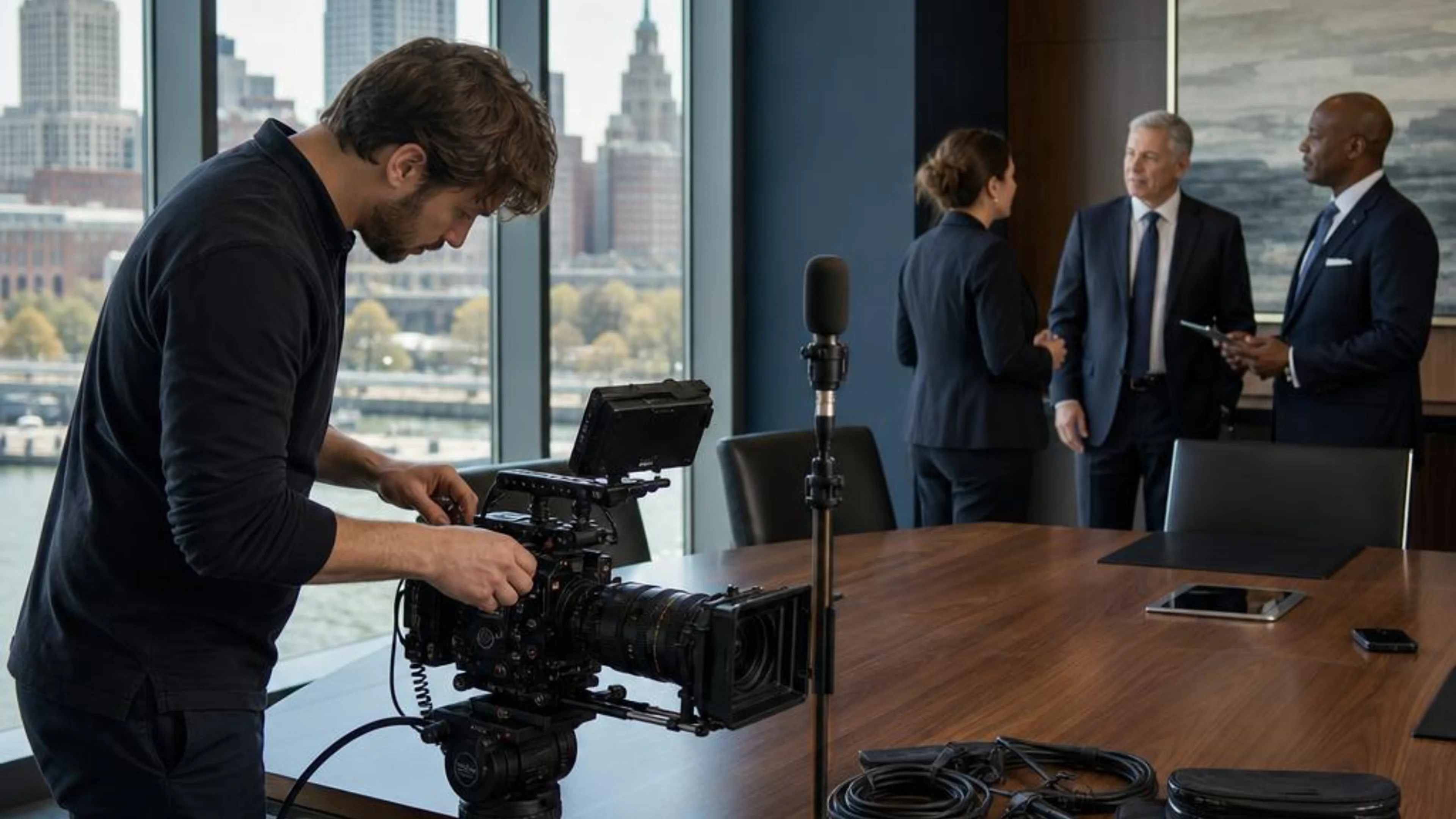 Legal videographer preparing professional camera and audio equipment for a proceeding in Rhode Island, with the Providence skyline beyond the conference room