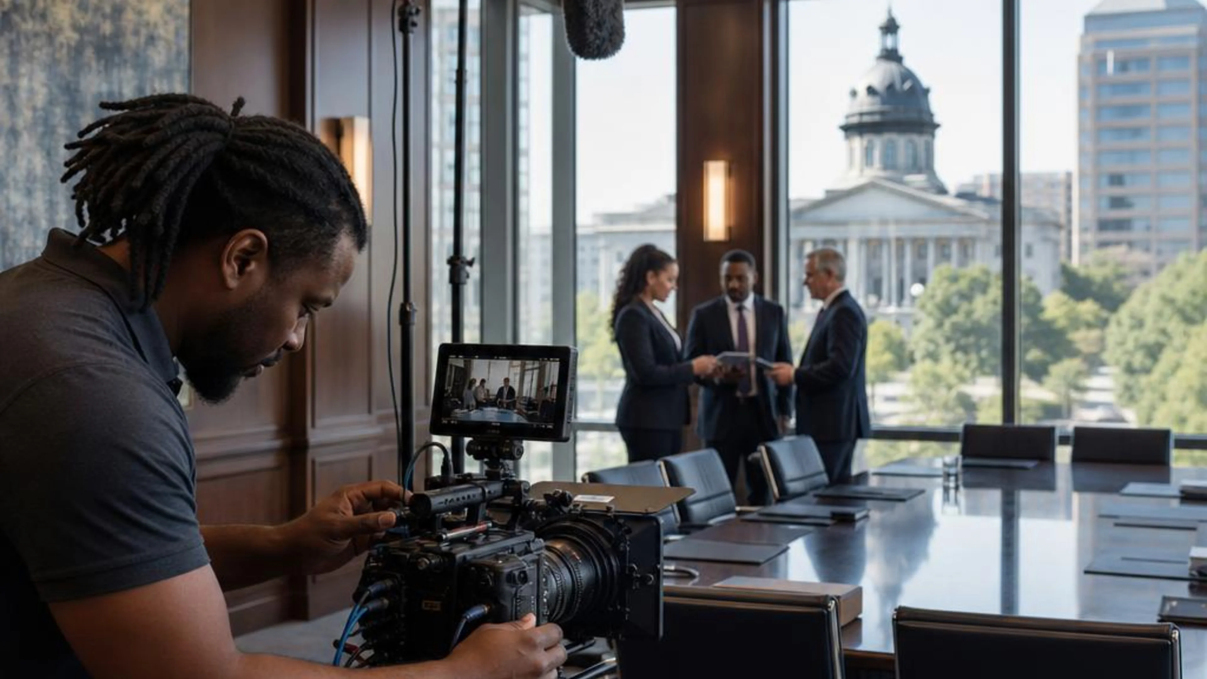 Legal videographer preparing professional camera and audio equipment for a proceeding in South Carolina, with Columbia’s civic district beyond the conference room