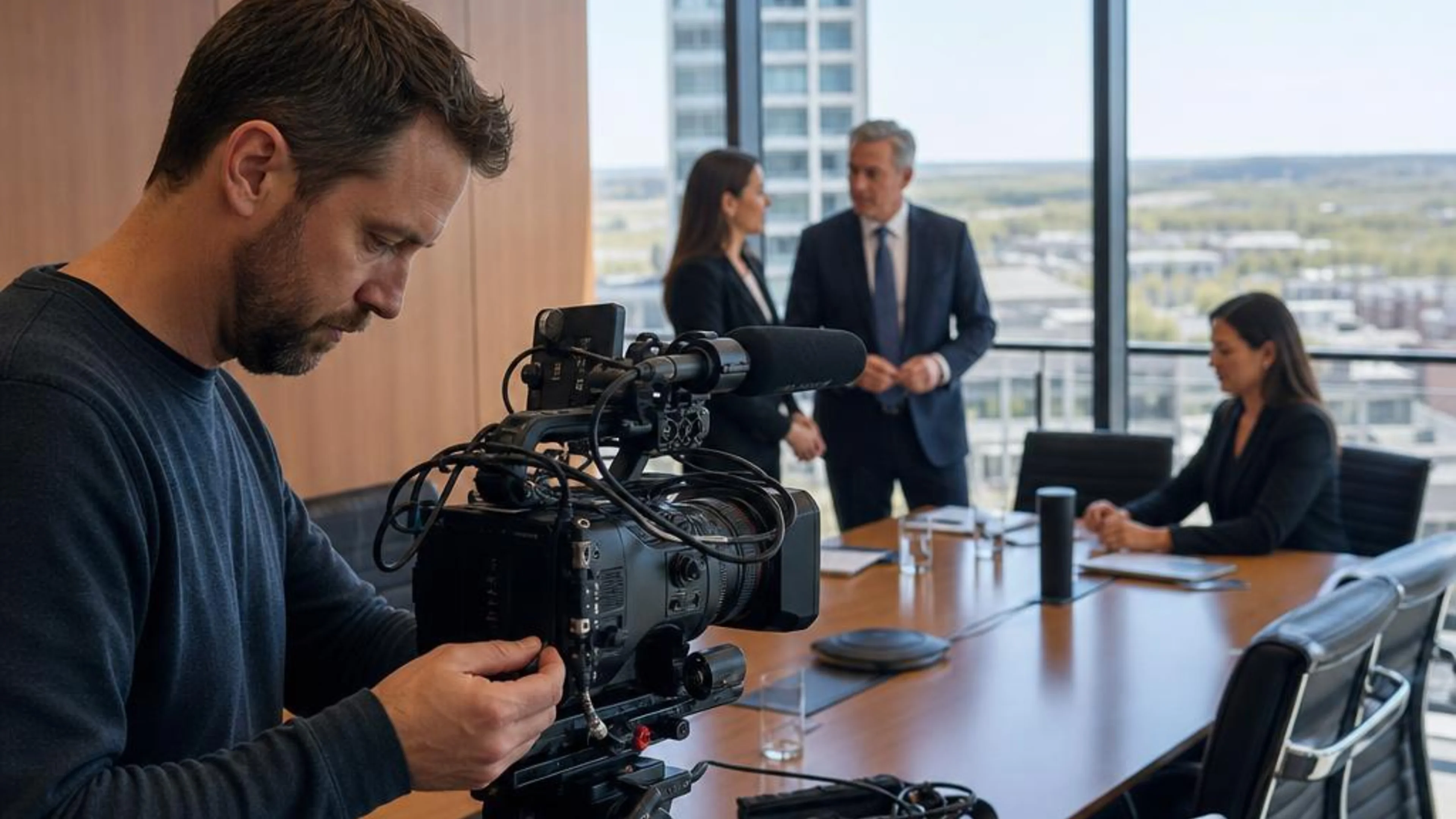 Legal videographer preparing professional camera and audio equipment for a proceeding in South Dakota, with Sioux Falls and the prairie beyond the conference room