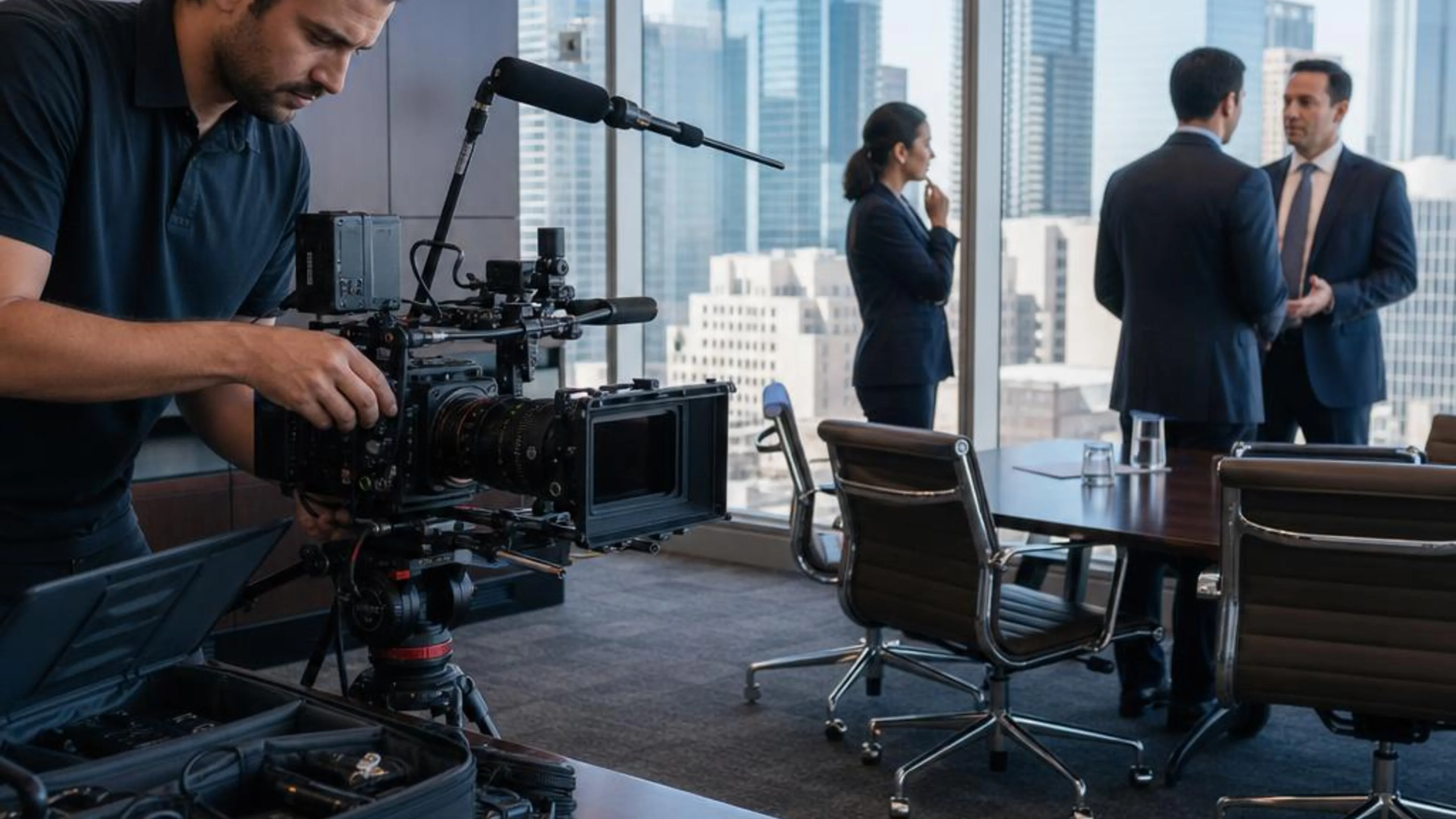 Legal videographer preparing professional camera and audio equipment for a proceeding in Texas, with Dallas’s modern legal district beyond the conference room
