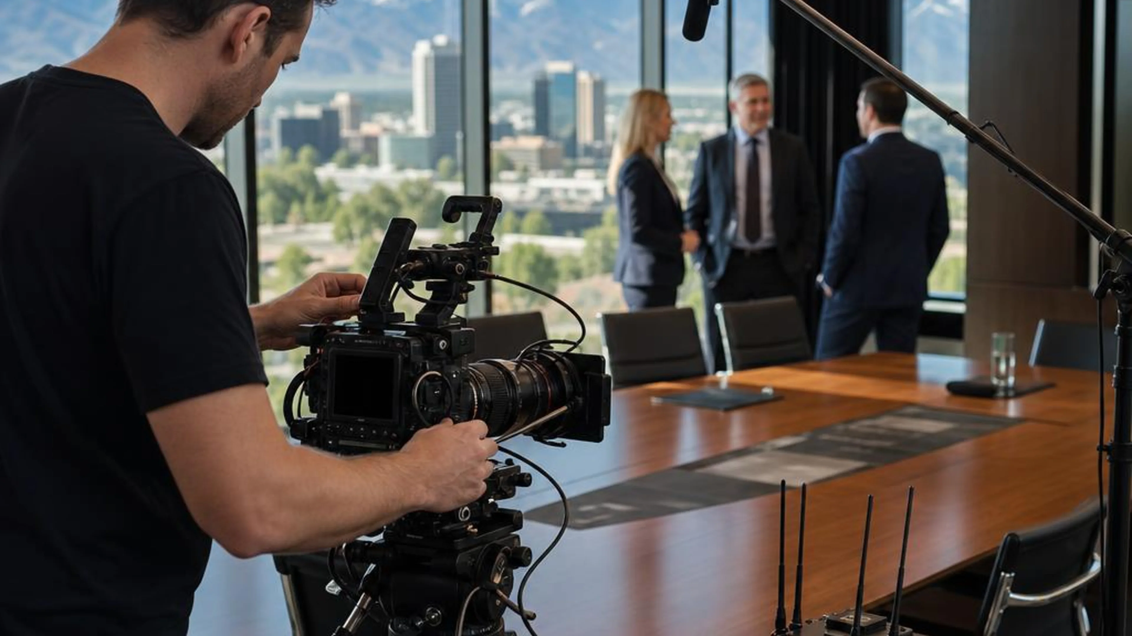 Legal videographer preparing professional camera and audio equipment for a proceeding in Utah, with Salt Lake City and the Wasatch Mountains beyond the conference room