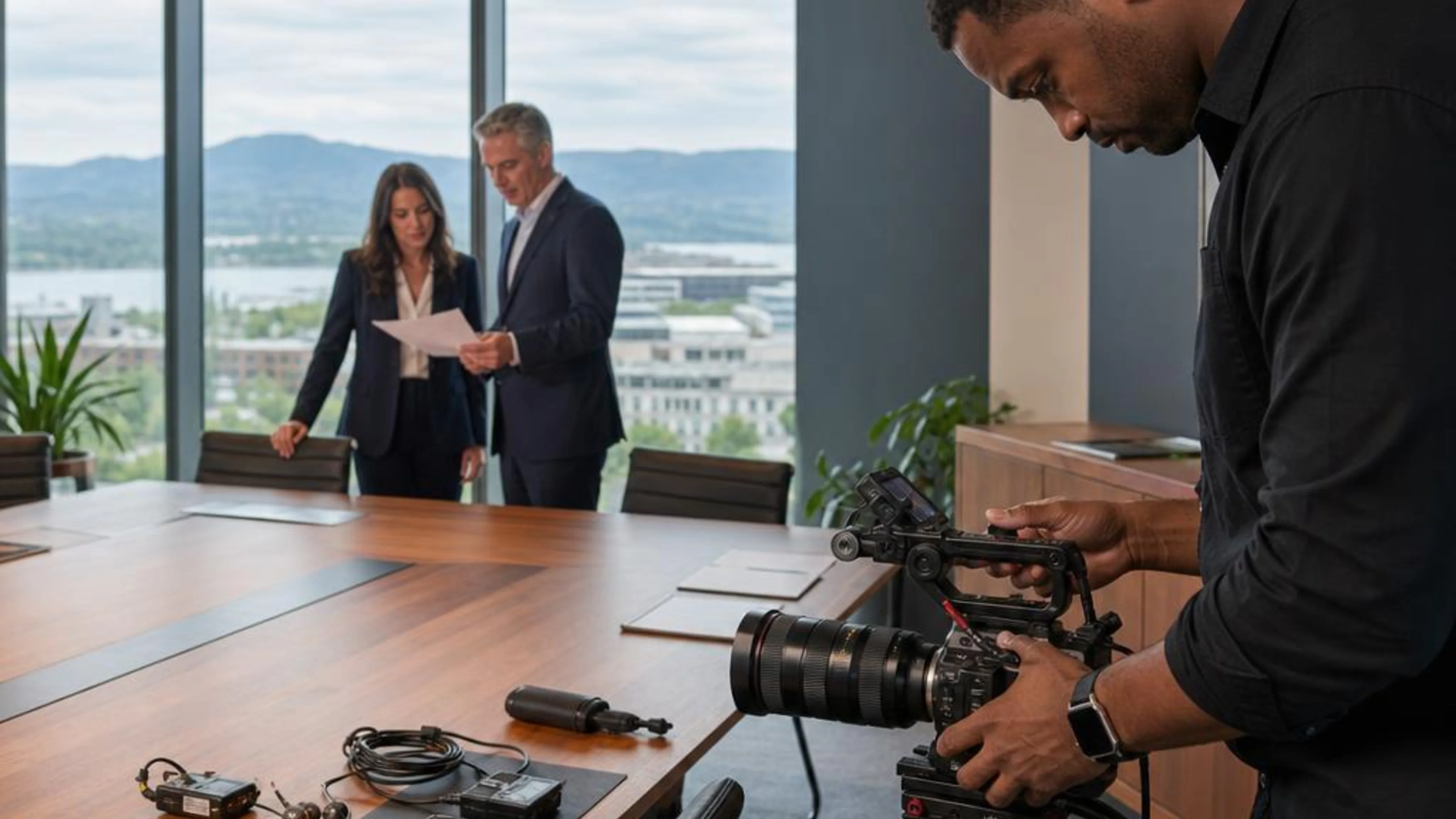 Legal videographer preparing professional camera and audio equipment for a proceeding in Vermont, with Burlington and the Green Mountains beyond the conference room