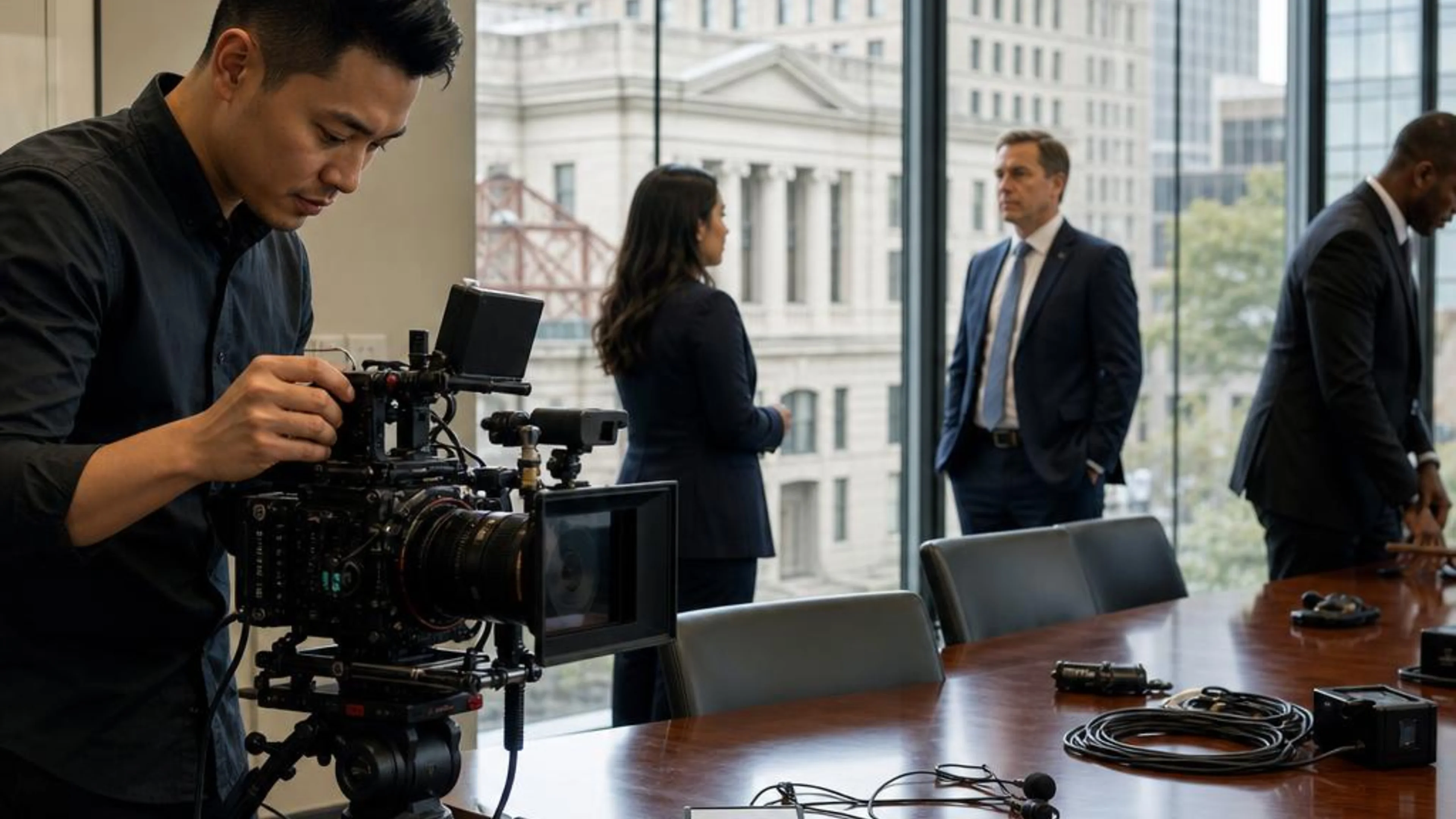 Legal videographer preparing professional camera and audio equipment for a proceeding in Virginia, with Richmond’s civic architecture beyond the conference room