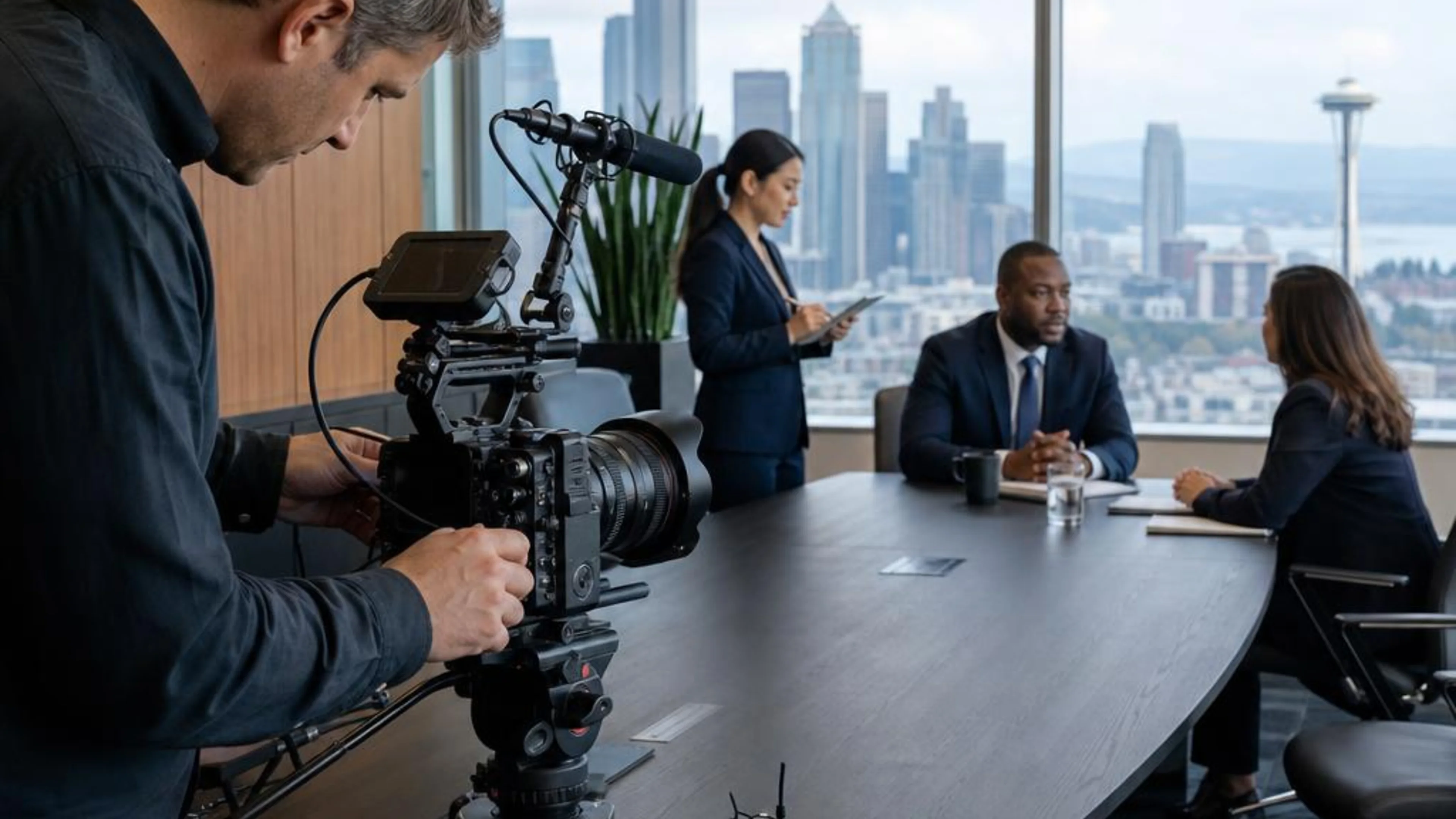 Legal videographer preparing professional camera and audio equipment for a proceeding in Washington, with Seattle and the Pacific Northwest beyond the conference room