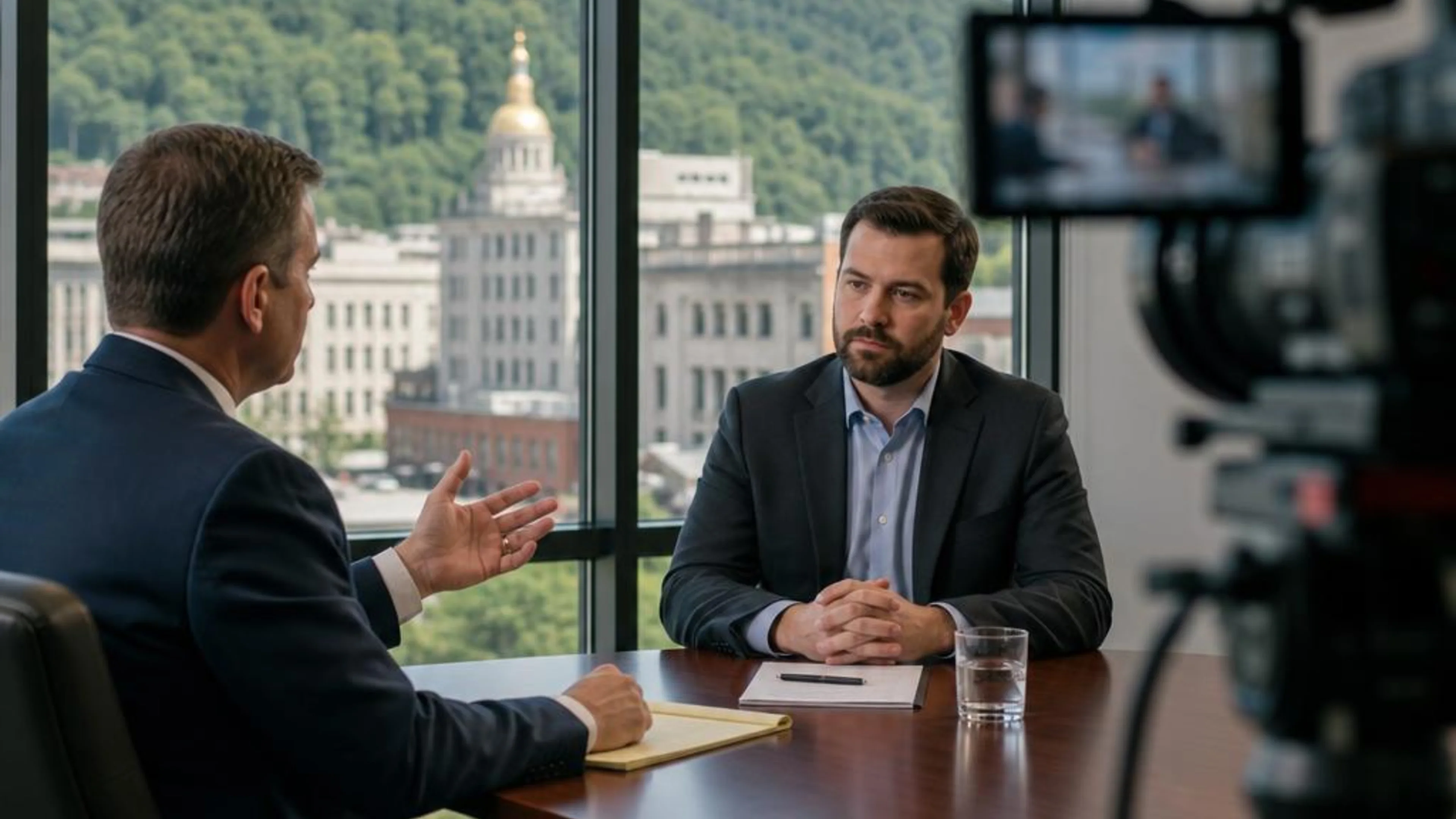 Videotaped deposition in West Virginia with counsel questioning a witness while a professional legal video camera records the testimony