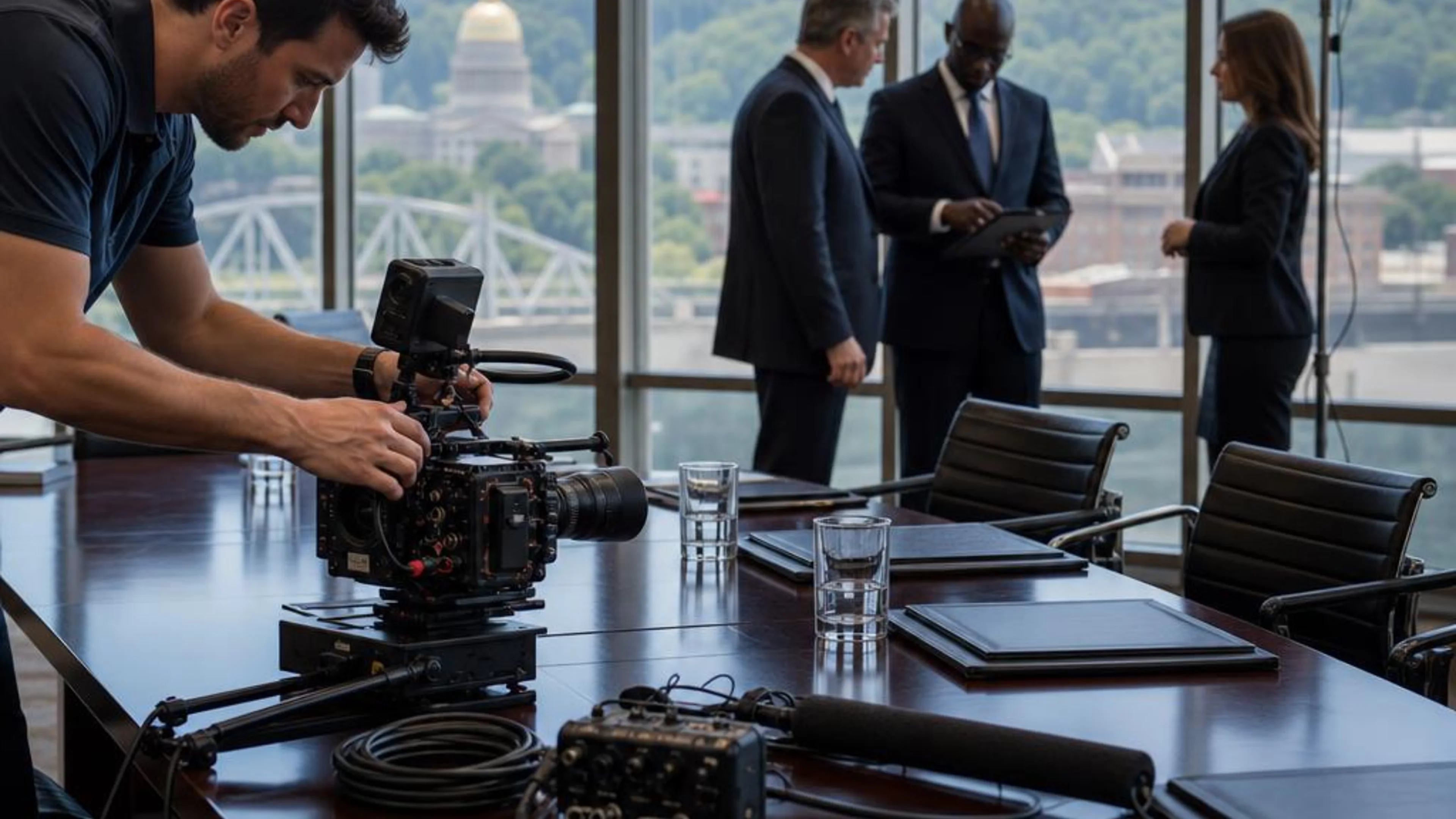Legal videographer preparing professional camera and audio equipment for a proceeding in West Virginia, with Charleston and the Appalachian hills beyond the conference room