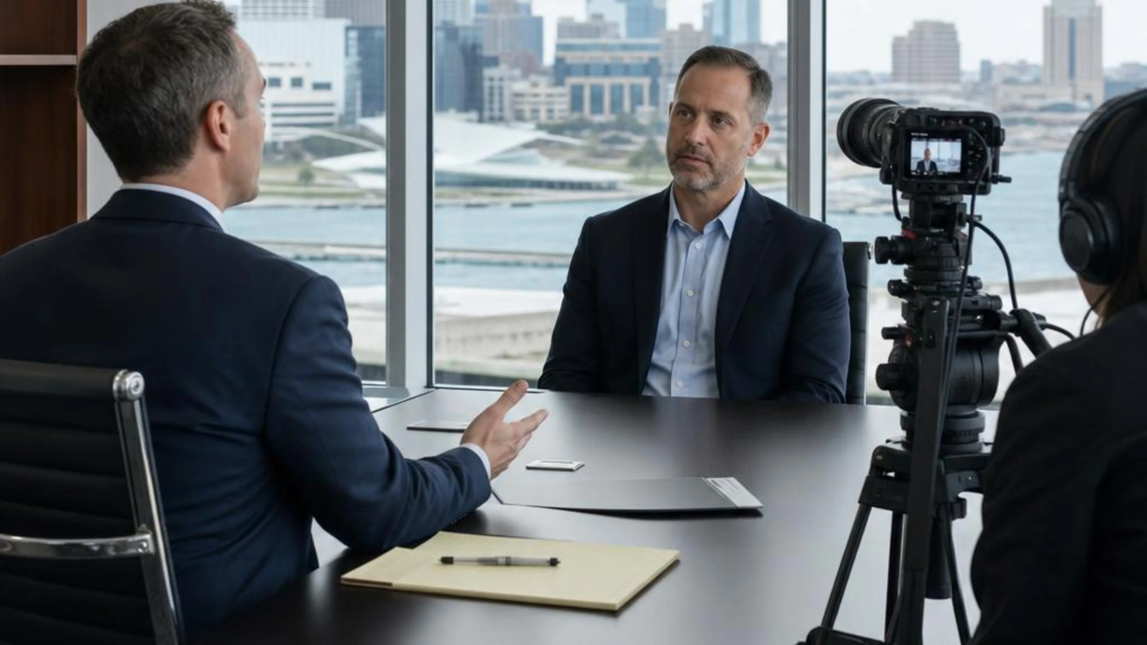 Videotaped deposition in Wisconsin with counsel questioning a witness while a professional legal video camera records the testimony