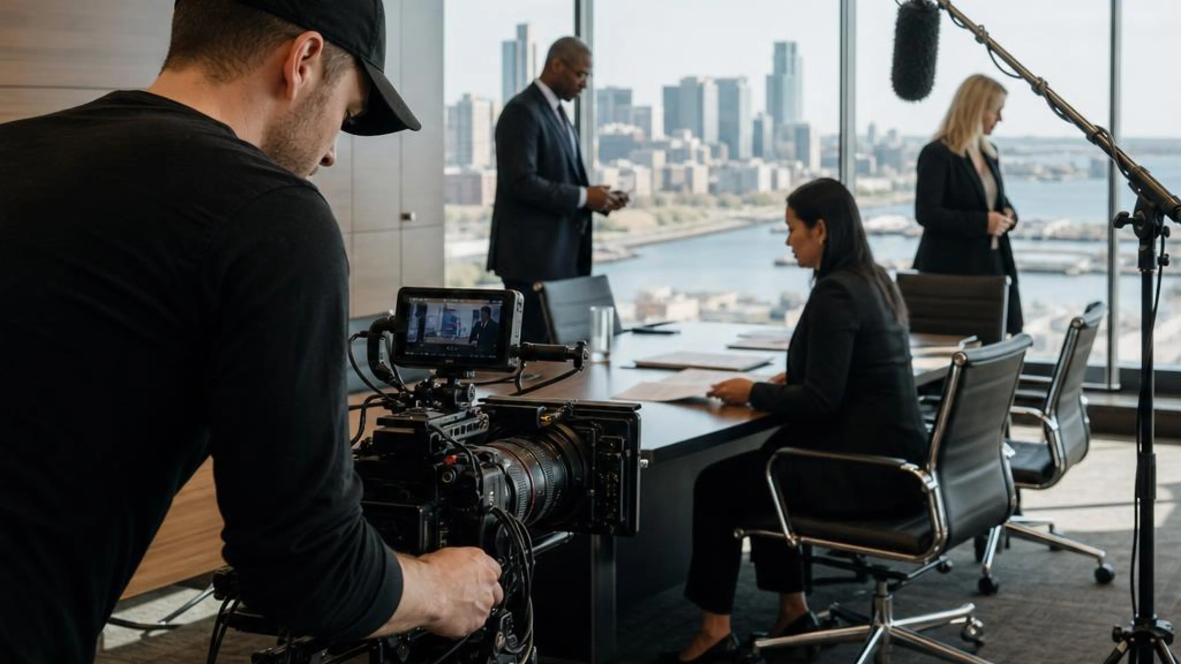 Legal videographer preparing professional camera and audio equipment for a proceeding in Wisconsin, with Milwaukee and Lake Michigan beyond the conference room