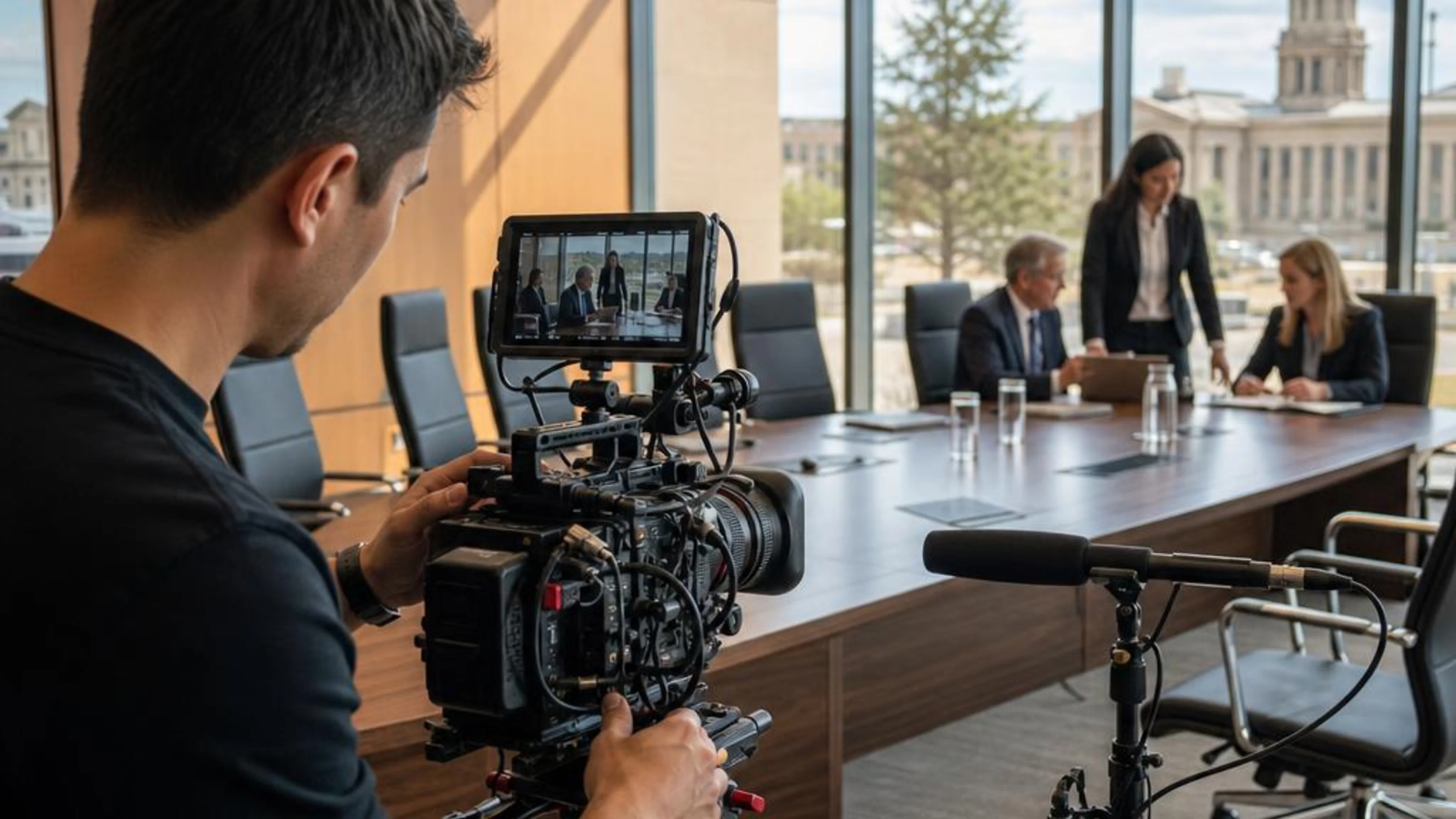 Legal videographer preparing professional camera and audio equipment for a proceeding in Wyoming, with Cheyenne and the high plains beyond the conference room