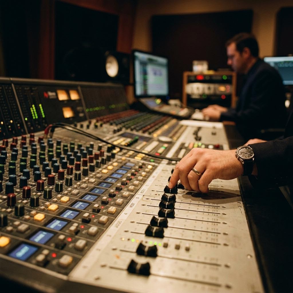 An audio engineer adjusts a professional mixing console in a post-production studio.