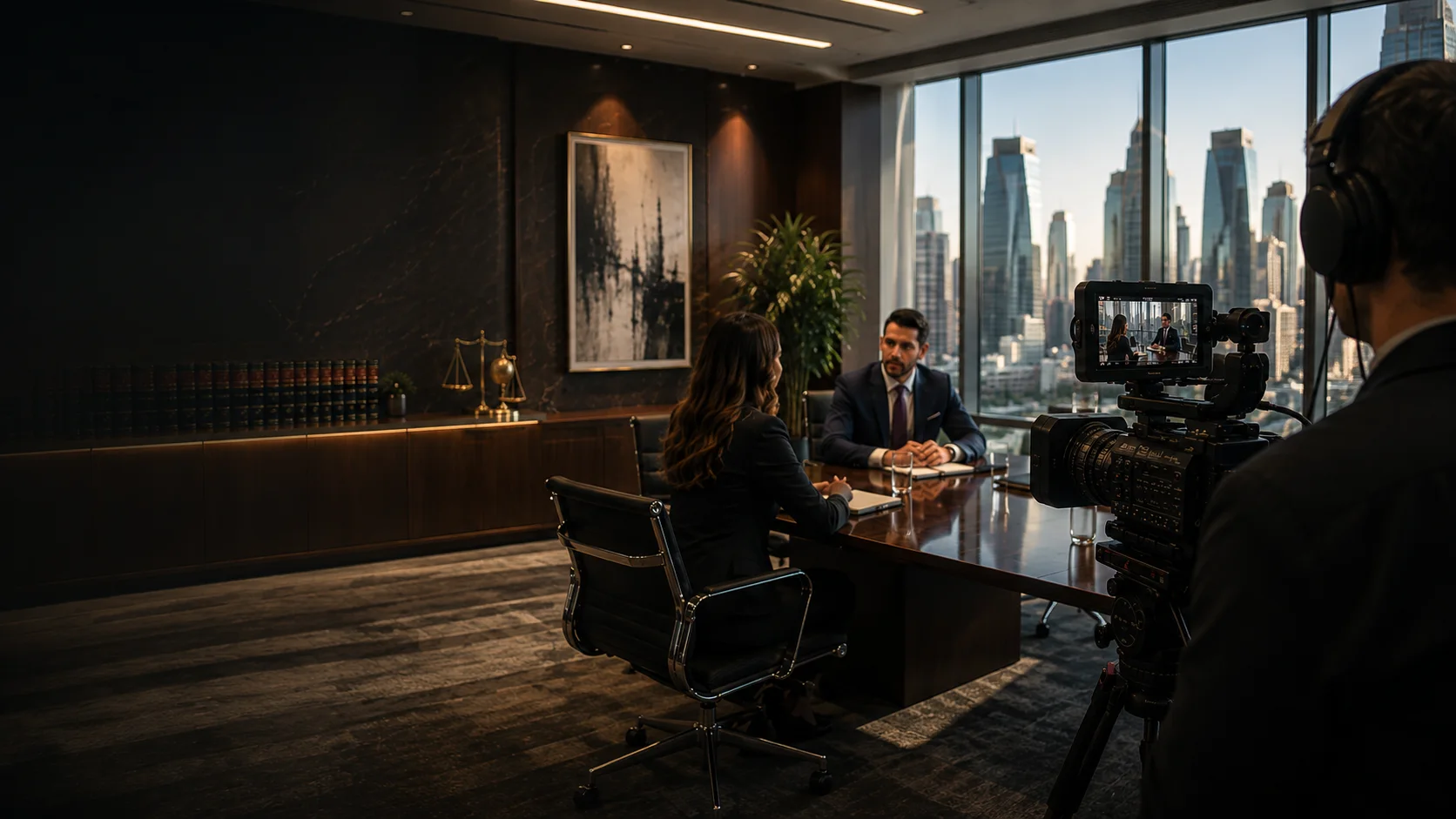 A legal videographer records two professionals seated across a conference table in a city office.