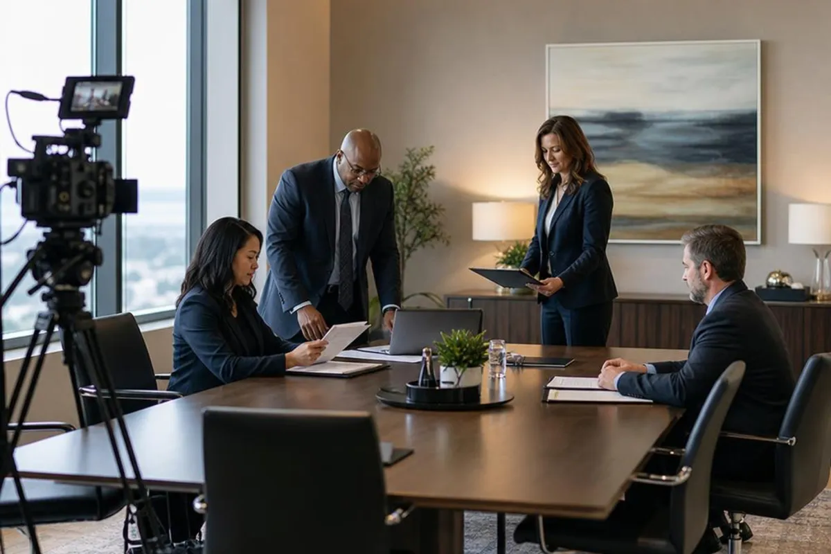 A legal video team supports a formal court proceeding in Modesto, California.
