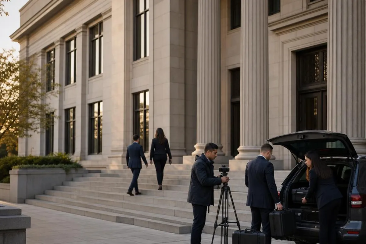 A legal video team supports a formal court proceeding in Long Beach, California.