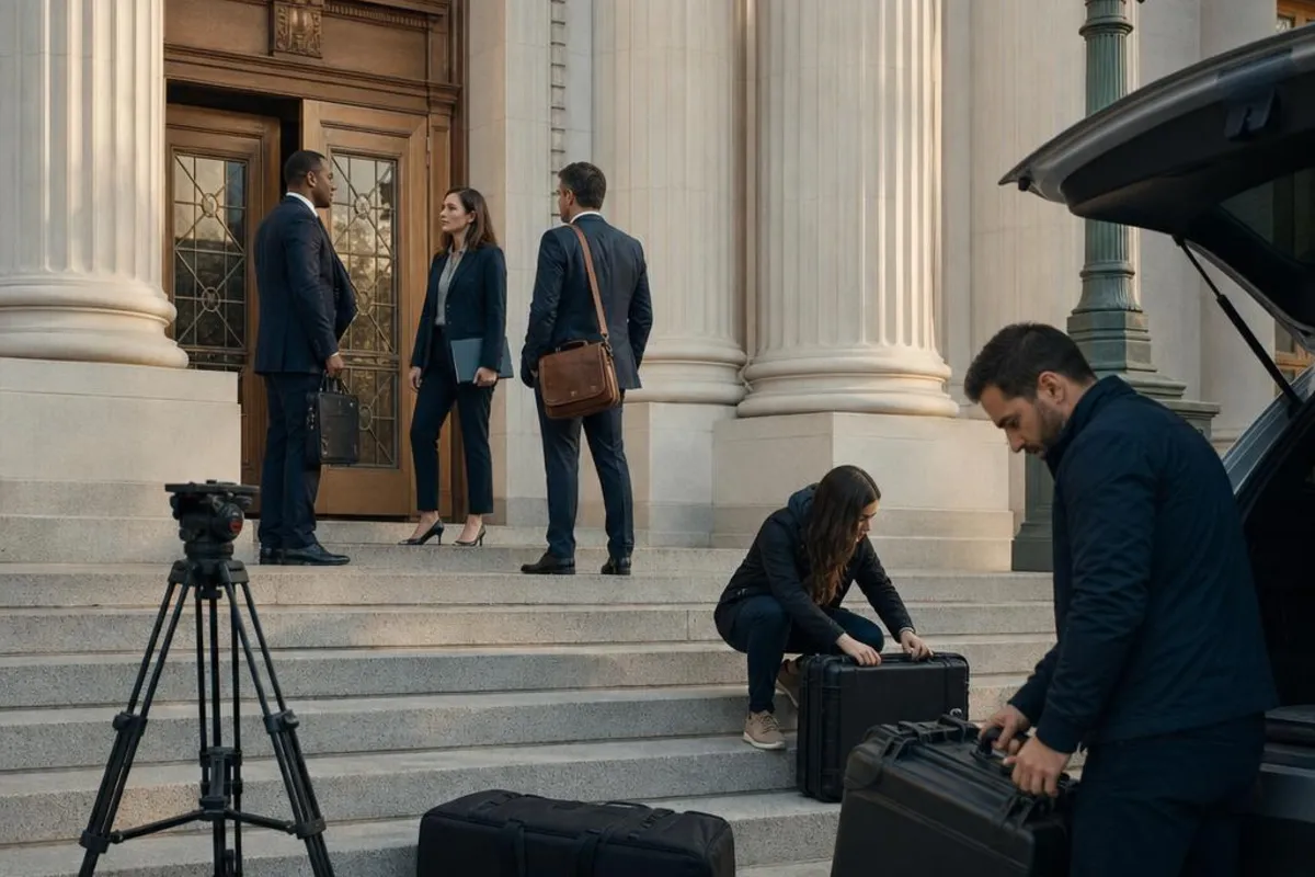 A legal video team supports a formal court proceeding in Celina, Texas.