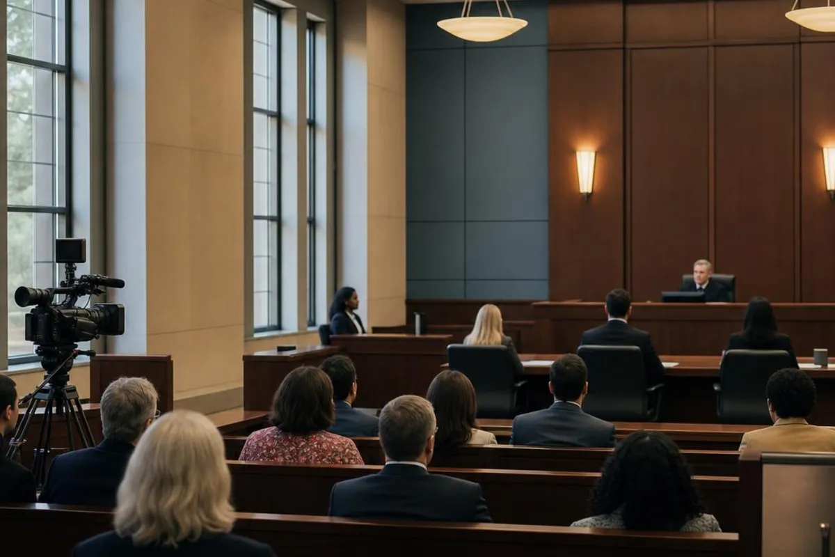 A legal video team supports a formal court proceeding in Cambridge, Massachusetts.