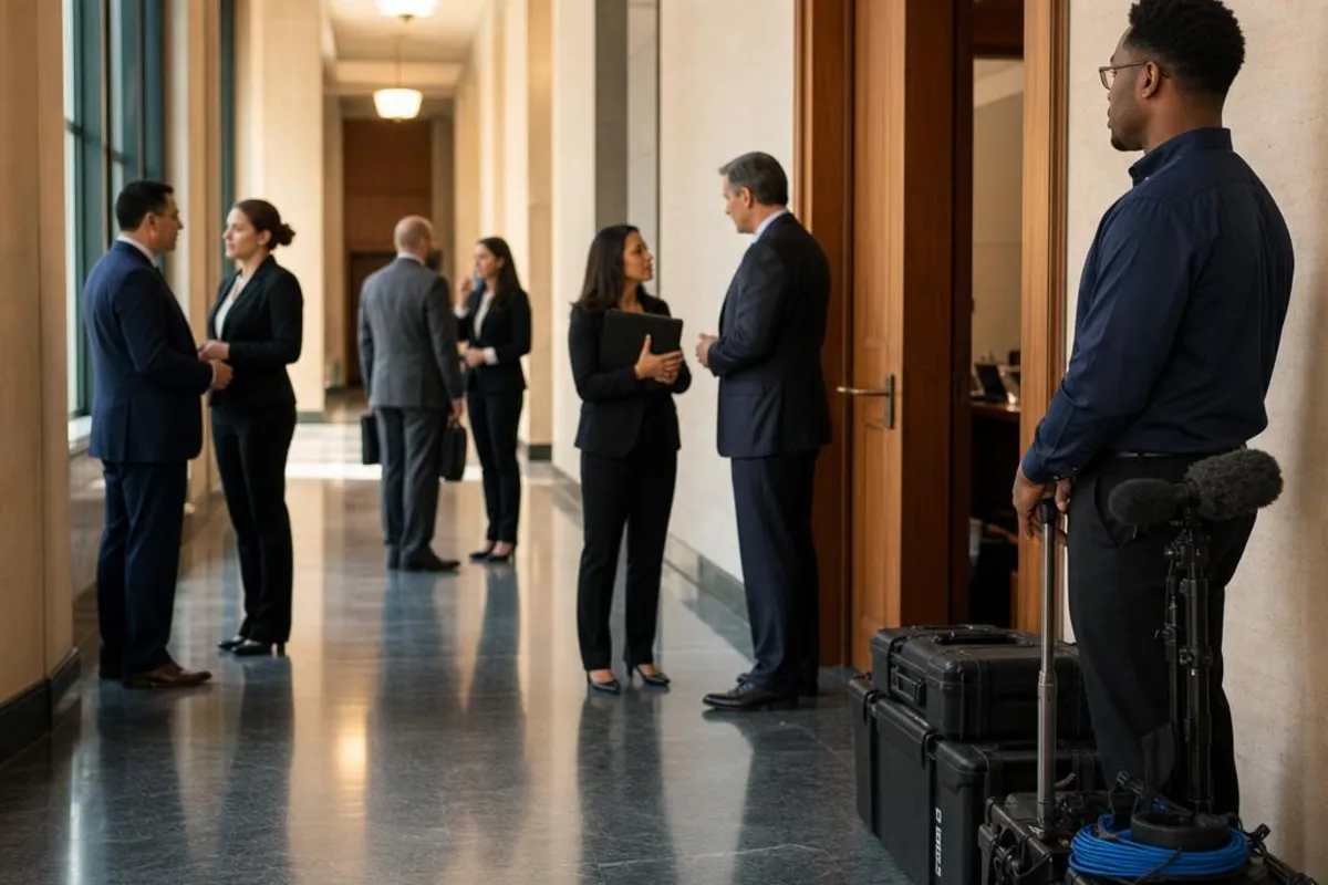 A legal video team supports a formal court proceeding in Westminster, California.