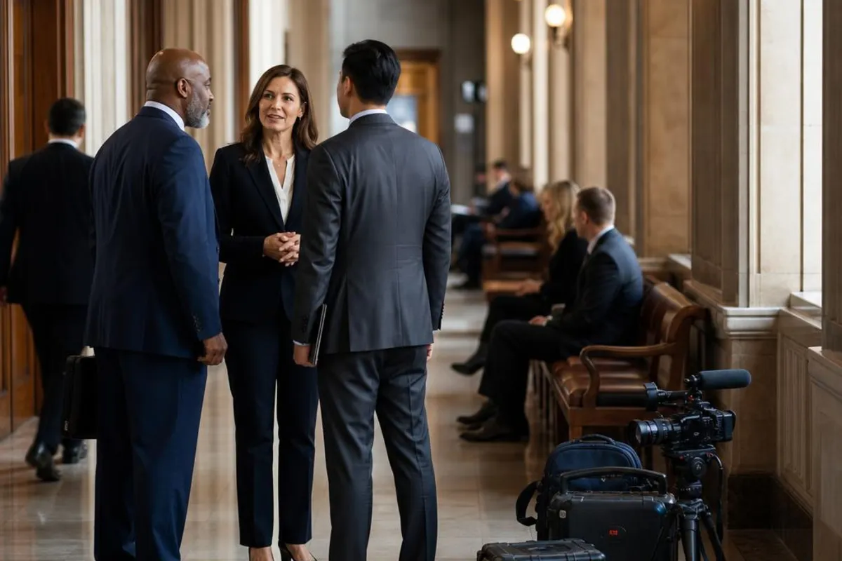 A legal video team supports a formal court proceeding in Fishers, Indiana.