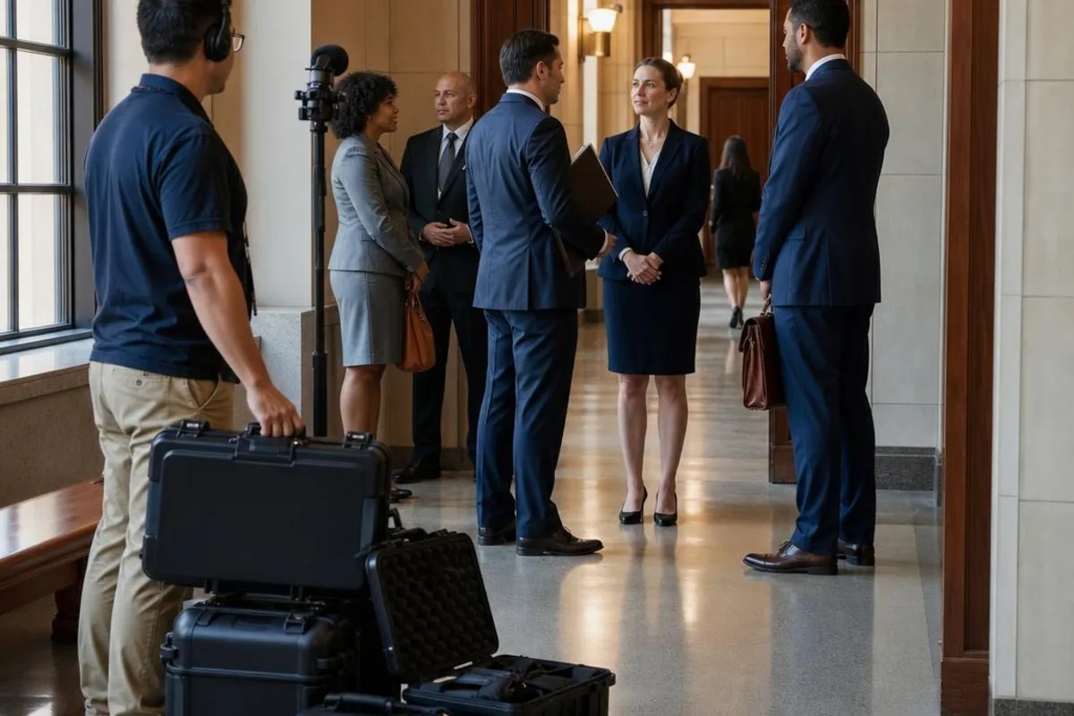 A legal video team supports a formal court proceeding in Lynn, Massachusetts.