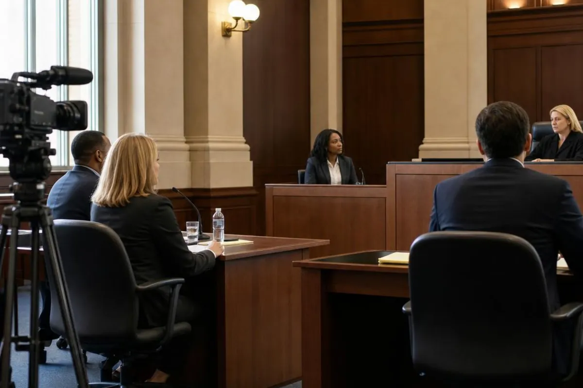 A legal video team supports a formal court proceeding in Plano, Texas.