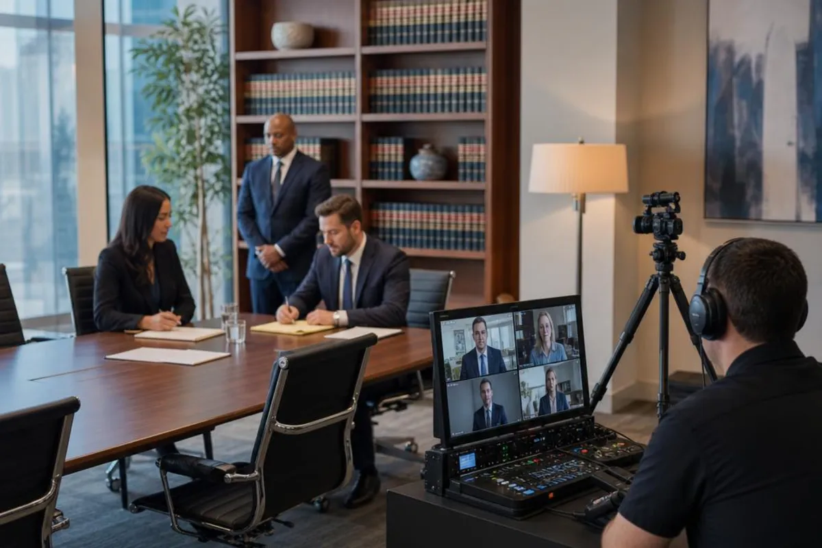 A legal video team supports a formal court proceeding in Waco, Texas.
