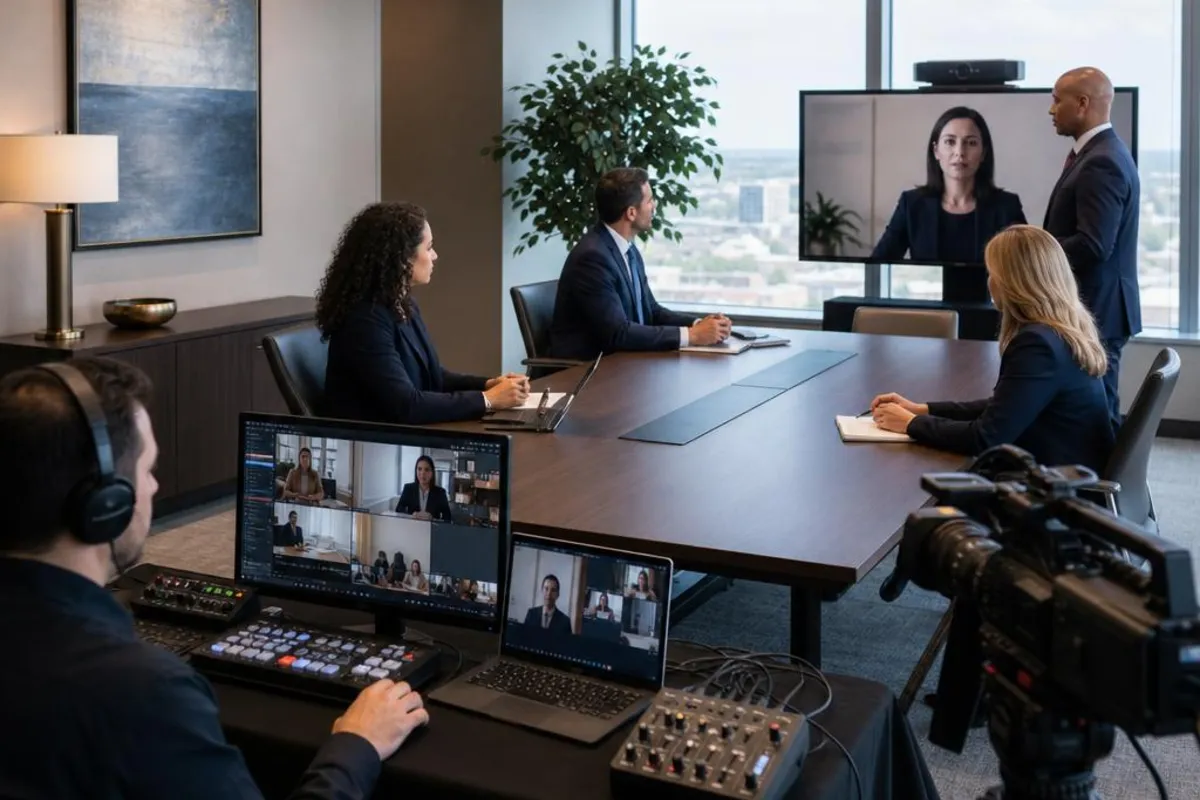 A legal video team supports a formal court proceeding in Topeka, Kansas.