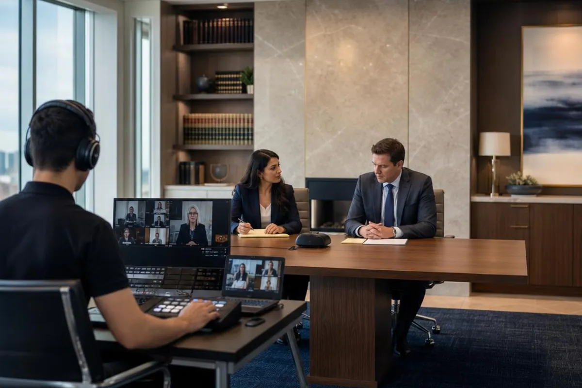 A legal video team supports a formal court proceeding in Ames, Iowa.