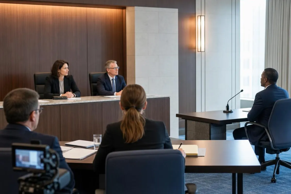 A legal video team supports a formal court proceeding in Redlands, California.
