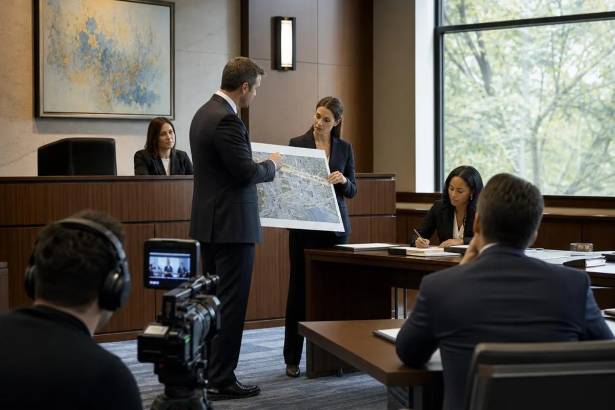 A legal video team supports a formal court proceeding in Irving, Texas.