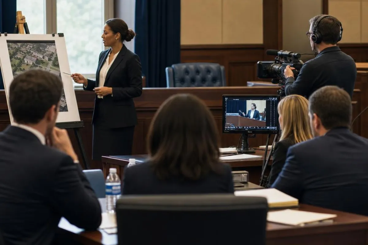 A legal video team supports a formal court proceeding in Riverside, California.