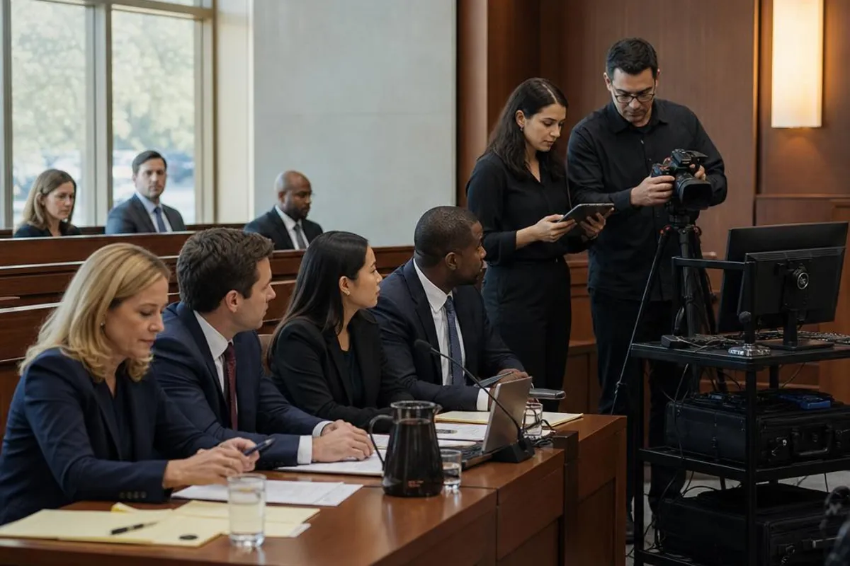 A legal video team supports a formal court proceeding in Lawrence, Massachusetts.