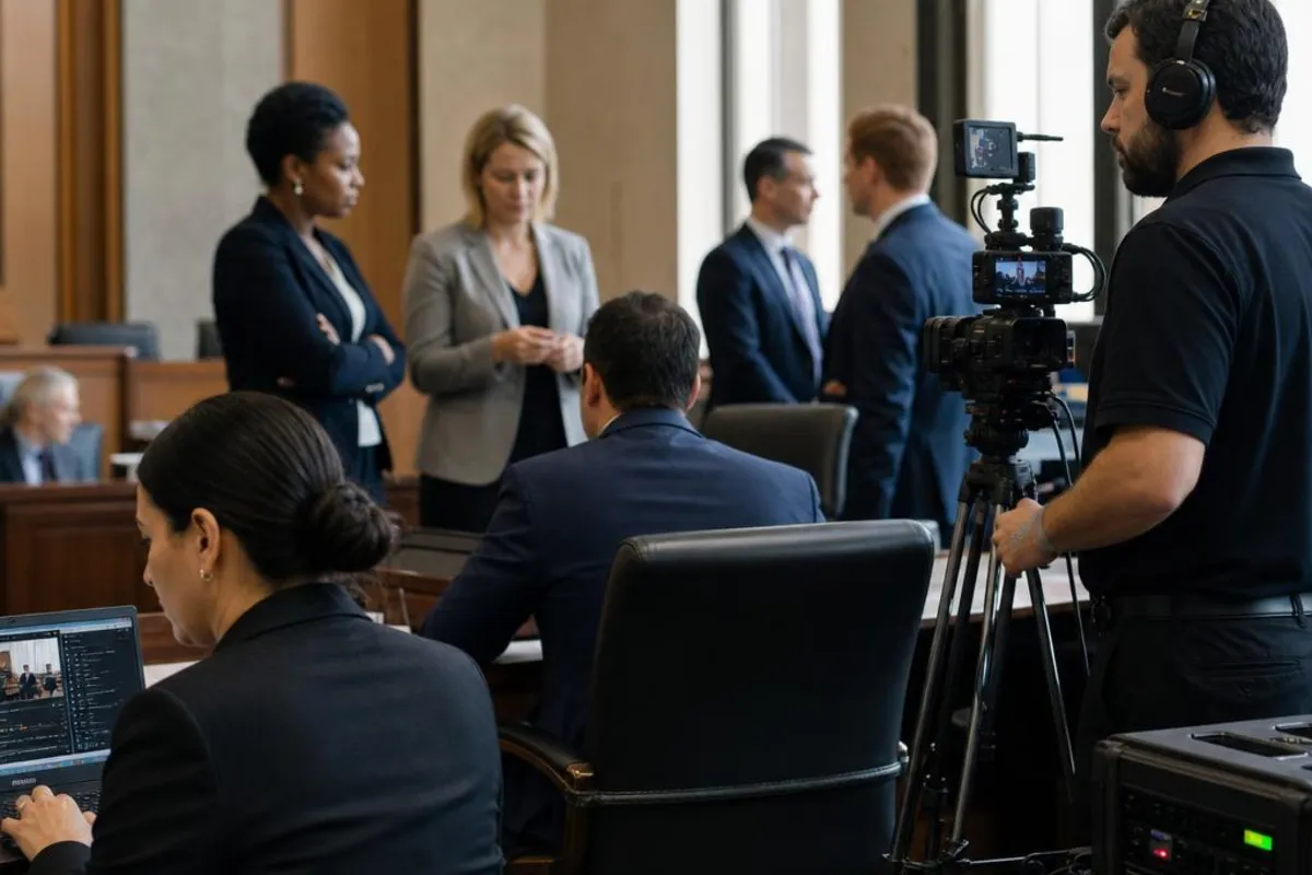 A legal video team supports a formal court proceeding in Salinas, California.
