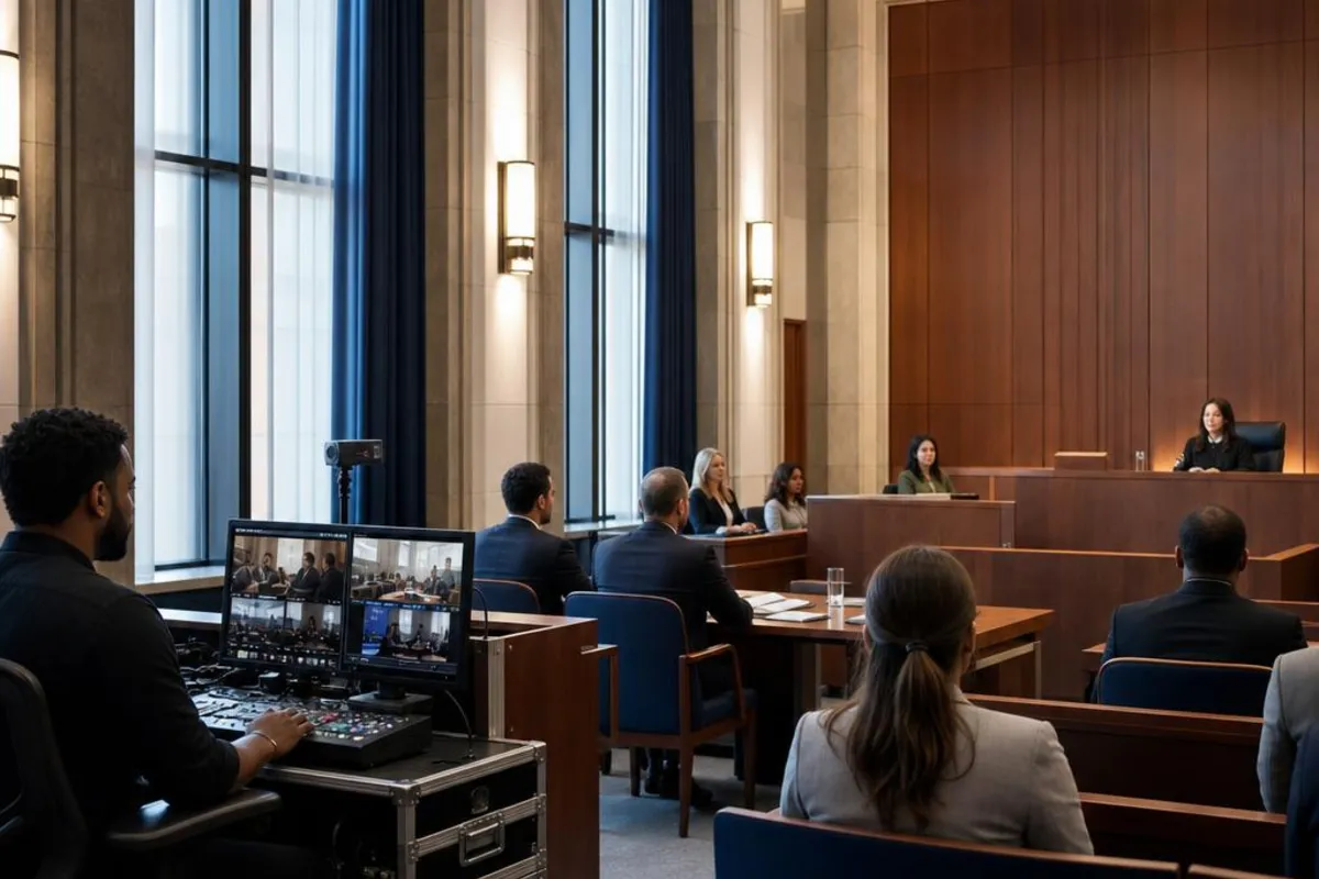 A legal video team supports a formal court proceeding in Madison, Alabama.