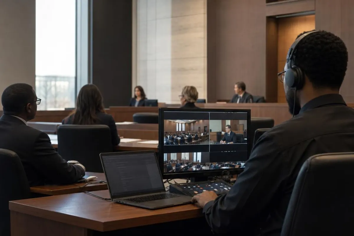 A legal video team supports a formal court proceeding in Upland, California.