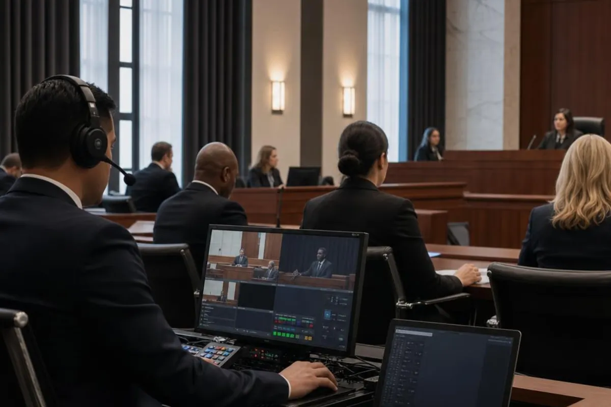 A legal video team supports a formal court proceeding in Irvine, California.