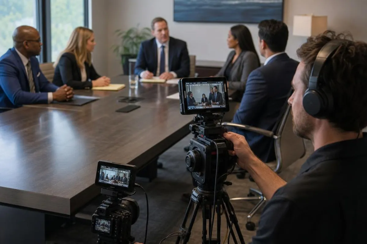 A legal media professional prepares video equipment for a proceeding in Tempe, Arizona.