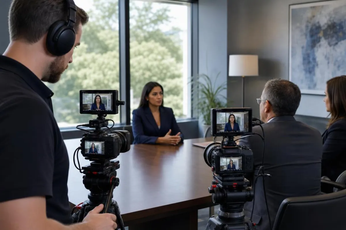 A legal media professional prepares video equipment for a proceeding in Longview, Texas.