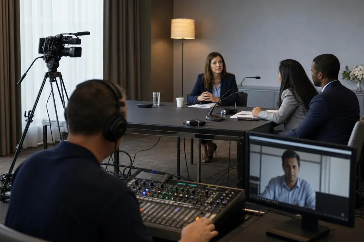 A legal media professional prepares video equipment for a proceeding in Corona, California.