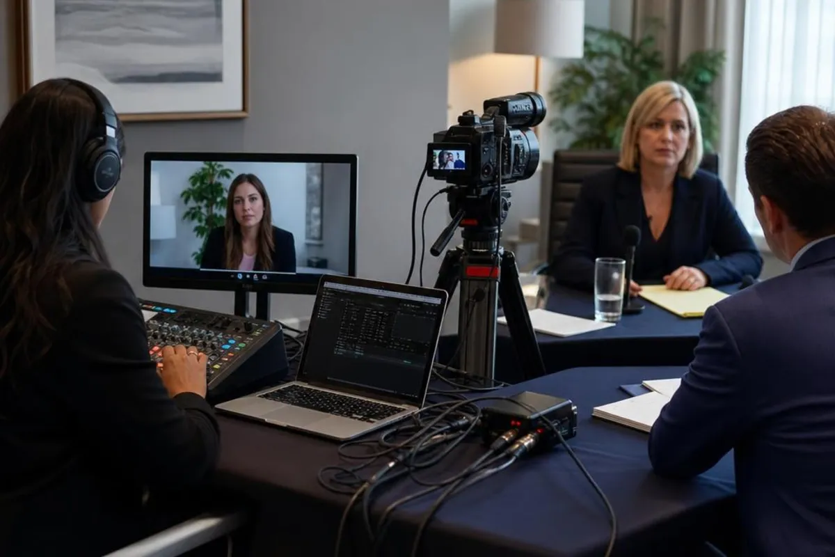 A legal media professional prepares video equipment for a proceeding in Margate, Florida.